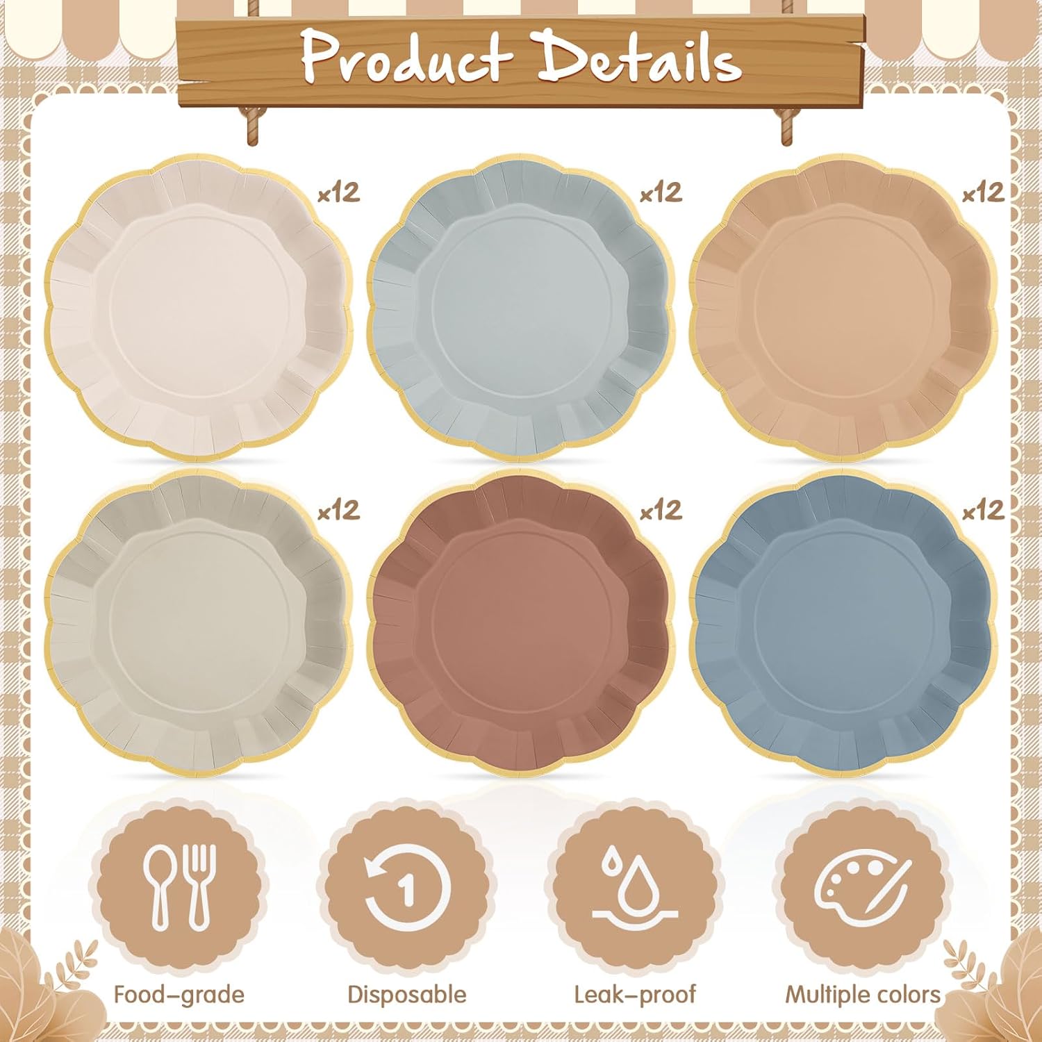 72 Pcs Morandi Color Paper Plates 9 Inch Brown Blue Gradient Scalloped Paper Disposable Dinner Dessert Plates for Birthday Wedding Bridal Party Supplies, 6 Colors - Image 2