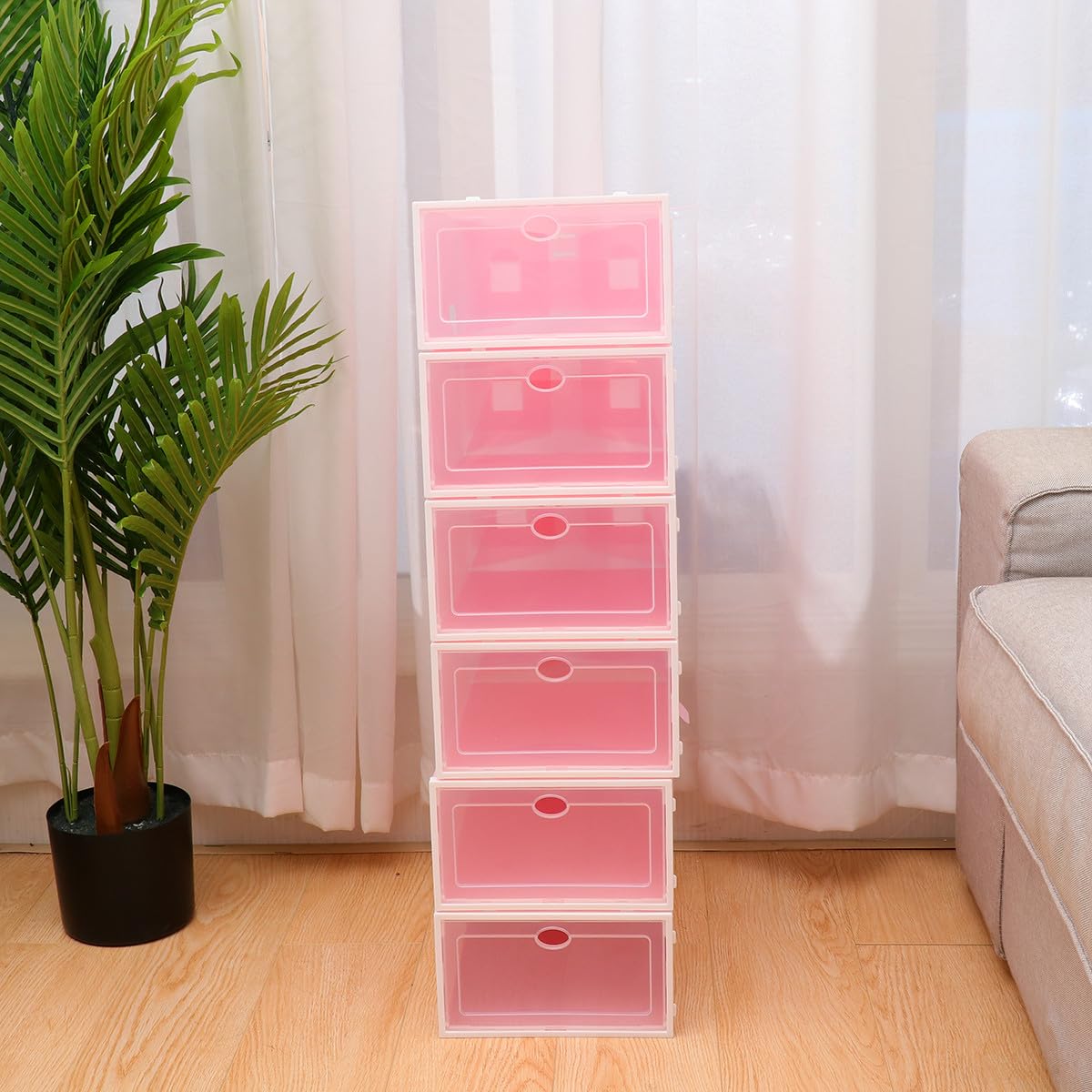 Scatole per Scarpe in Plastica Rosa Impilabili Trasparenti con Cornice Bianca, Organizer per 6 Paia di Scarpe, Design e Porta Trasparente per