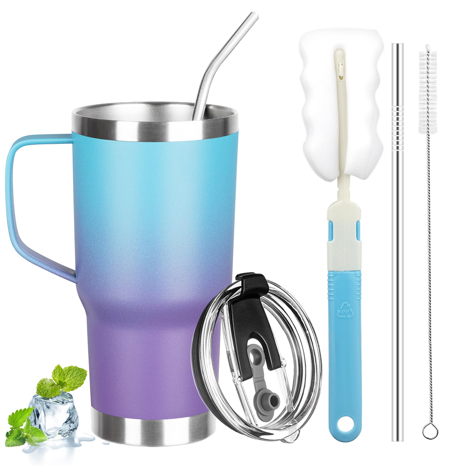 20 oz Tumbler with Handle, Stainless Steel Insulated Tumbler with Lid and Straw, Double Wall Vacuum Coffee Mug Tumbler, Insulated Coffee Thermal Cup for Cold and Hot (Blue Purple)