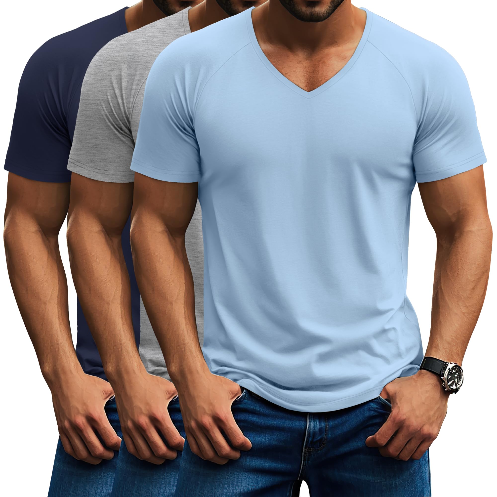 Riyiper 3 Pack Men's Short Sleeve V Neck T-Shirts Raglan Curved Hem Shirts Casual Basic Tops Soft Summer Stretchy Tees