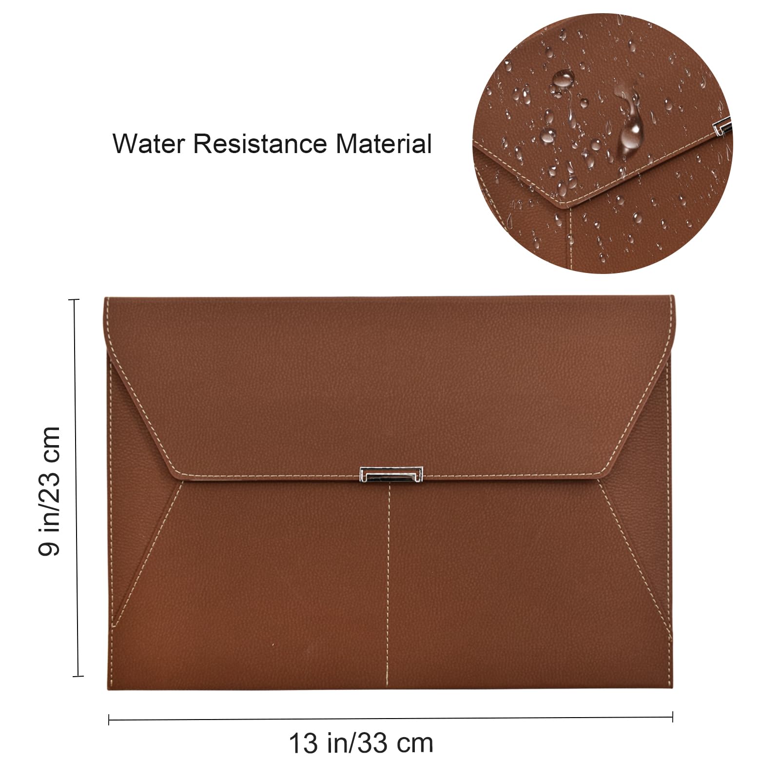 VANRA File Folder Document Holder Organizer Waterproof Portfolio Leather Folder Case with 3 Pockets, Filing Envelopes for A4 Letter Size Paper with Snap Magnetic Button Closure (Brown)