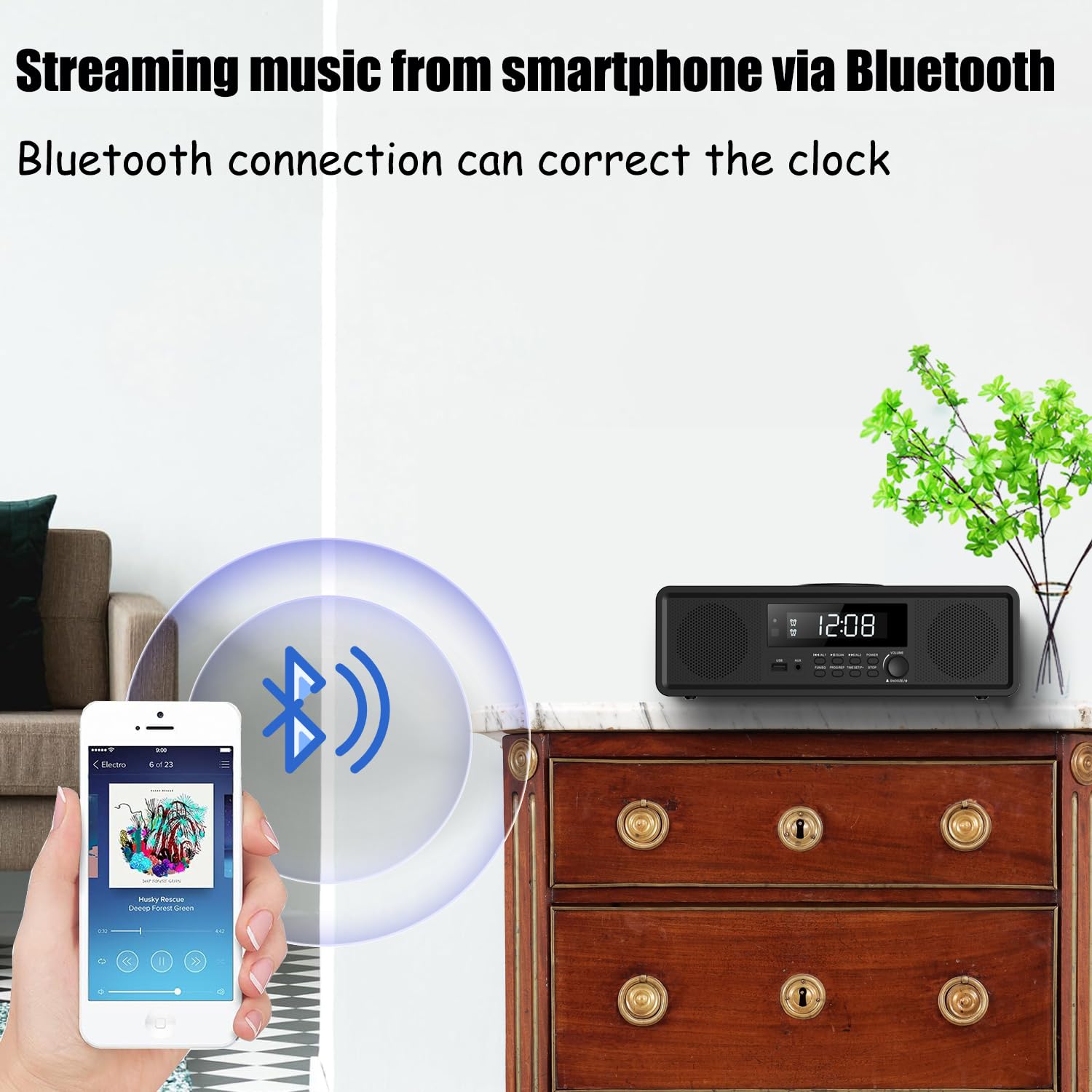 Sistema estéreo compacto para el hogar, reproductor de CD con Bluetooth, radio FM, entrada auxiliar, reproducción USB, reloj digital, doble alarma, reproductor de CD para el hogar