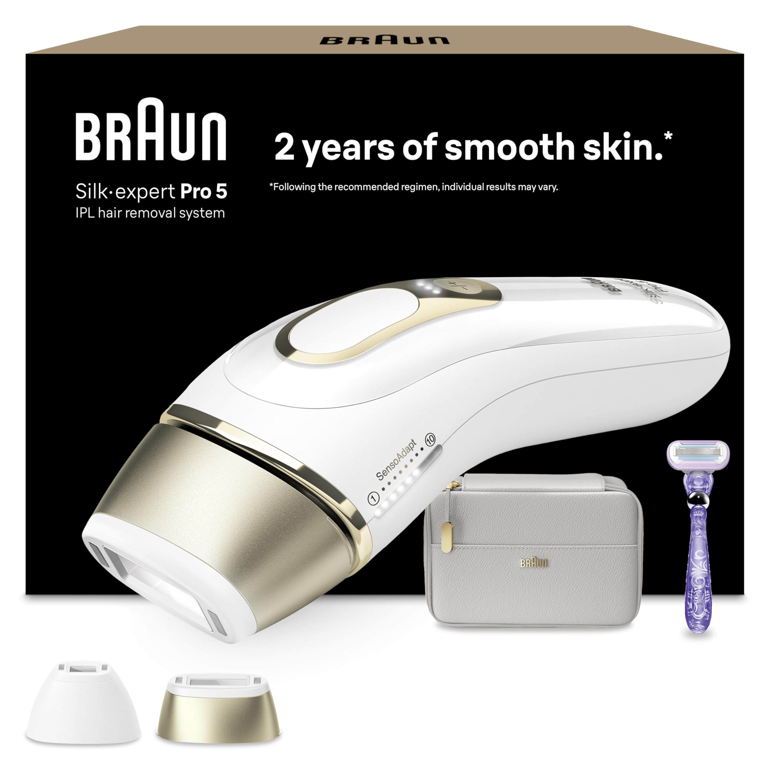 Braun IPL Silk-Expert Pro 5, at Home Hair Removal, Alternative for Laser Hair Removal, Includes Pouch, Venus Razor, Precision Head, 2 Years of Smooth Skin, Gift for Women, White/Gold, PL5137
