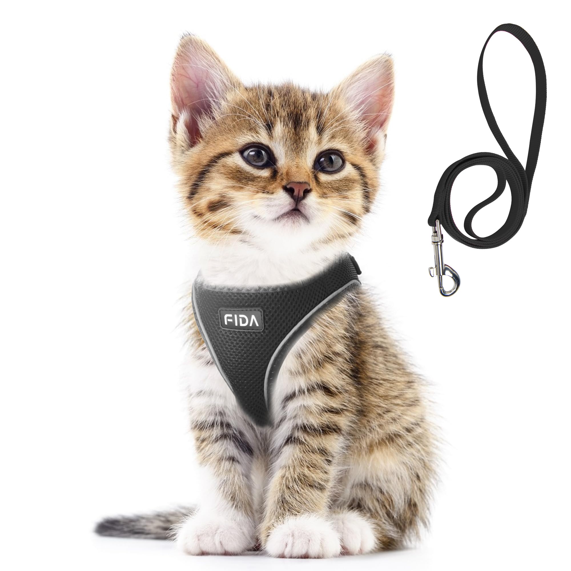 Fida Cat Harness and Leash Set for Walking Kitten and Puppy, Escape Proof Kitten Harness with Breathable Lightweight Soft Mesh, Adjustable Reflective Step-in Design for Kitten and Puppy.(XXXS, Black)