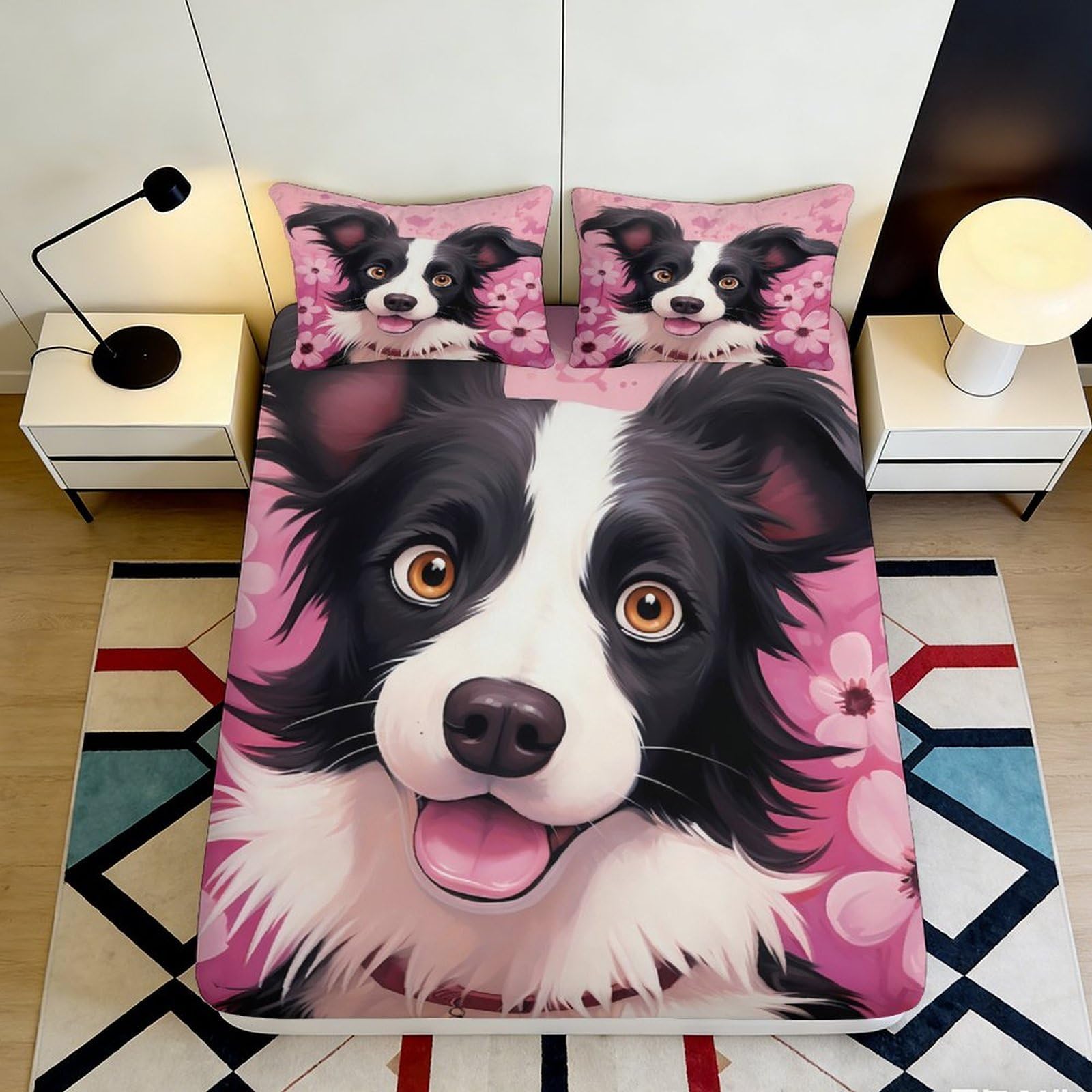 3D Printed Border Collie Dog Fitted Sheet Microfiber Pink Floral Mattress Cover for Bedroom Guest Room Decor Protection 90x200x25cm