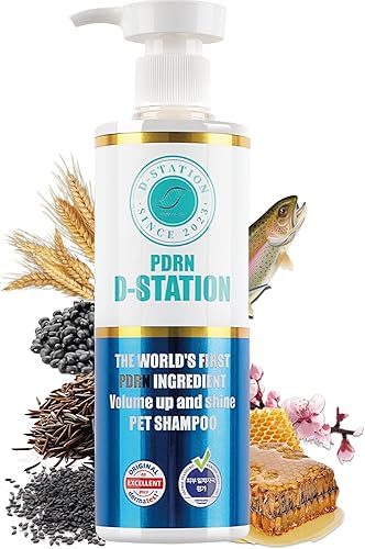D-STATION Champú de volumen PDRN prémium para perros y gatos, ADN de salmón y miel de manuka, alivia la picazón en la piel seca, aumenta el brillo y