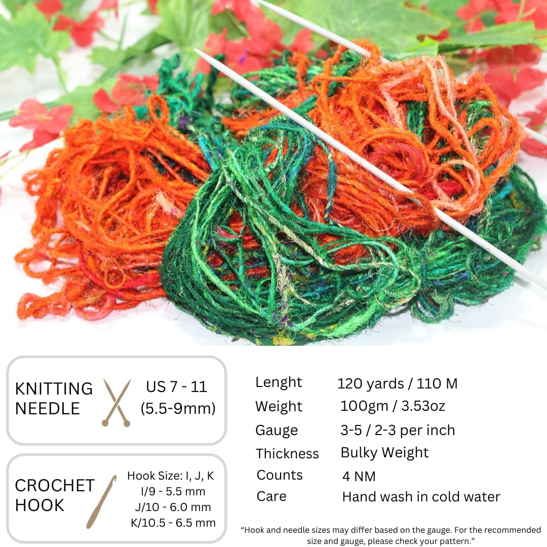 Knitsilk Handspun Recycled Sari Silk Yarn | Orange & Green Combo | 100g x 4 Count (400 Grams), 50-70 Yards/Ball | Eco-Friendly Bulky Yarn for Vibrant Knitting, Crocheting & Weaving!
