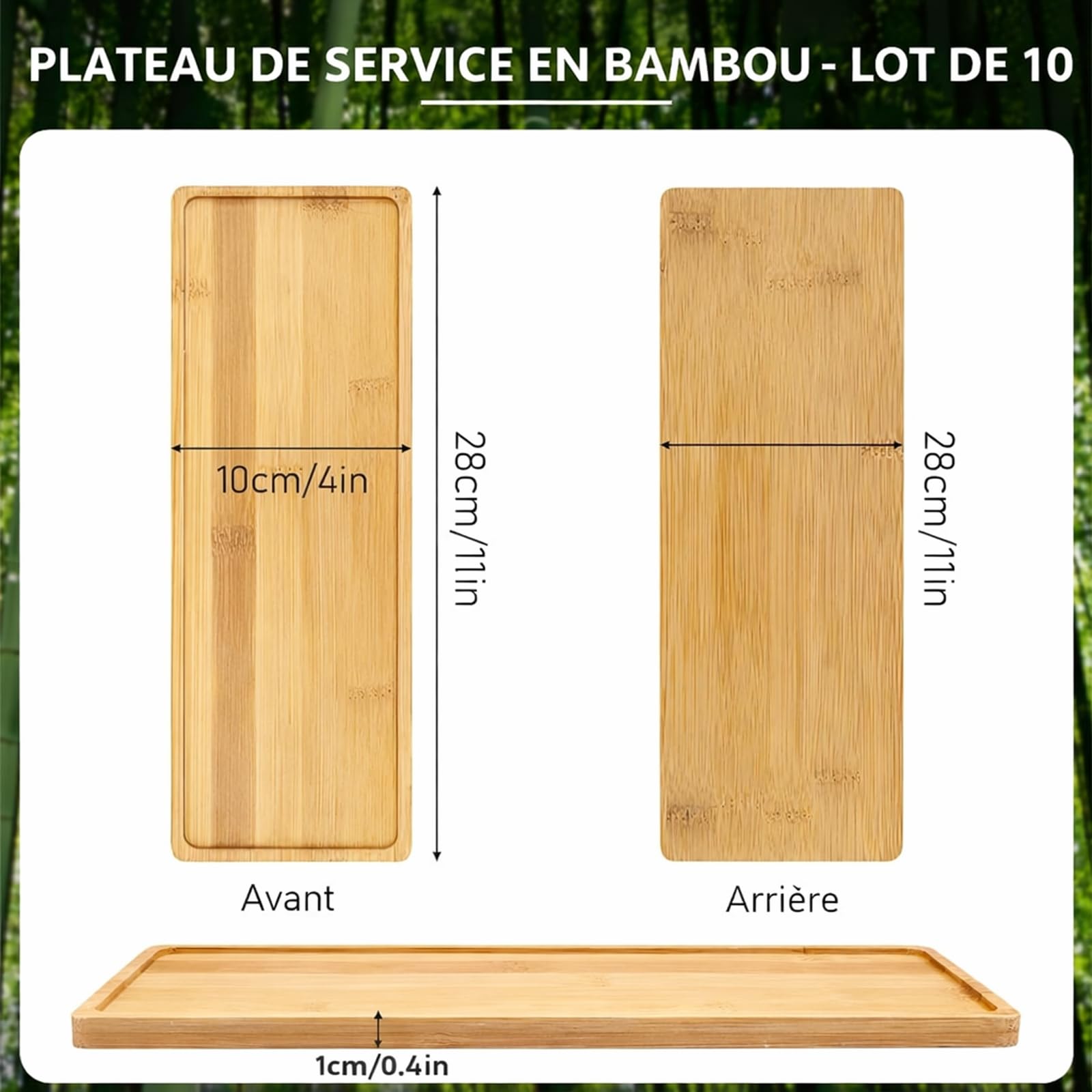 Lot de 10 Plateaux de Service Rectangulaires en Bambou 28 x 10 cm, Petits Plateaux en Bois pour Charcuterie, Fromage, Apéritif et Présentation Tapas