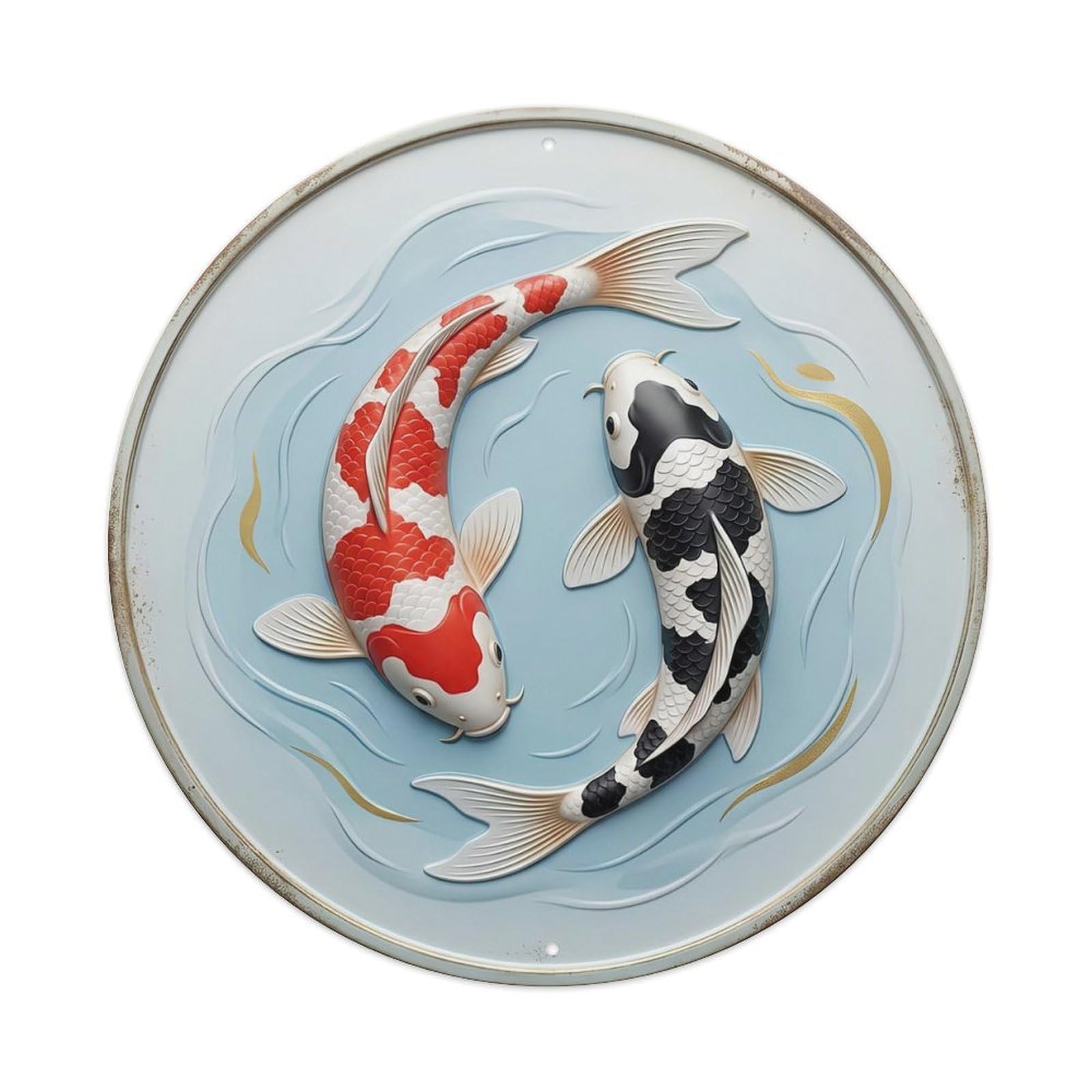 Twin Koi Fish Harmony Koi Fish Metal Tin Sign Plaque Wall Decor for Cafe, Club, Garden Round Metal Poster 8x8Inch