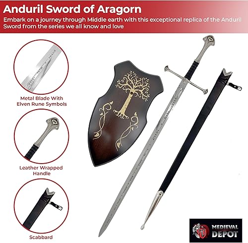 Miniatura 3 de MedievalDepot Anduril Sword of Aragorn Total 47.5 pulgadas Hoja de metal con mango envuelto en cuero, placa de pared y vaina