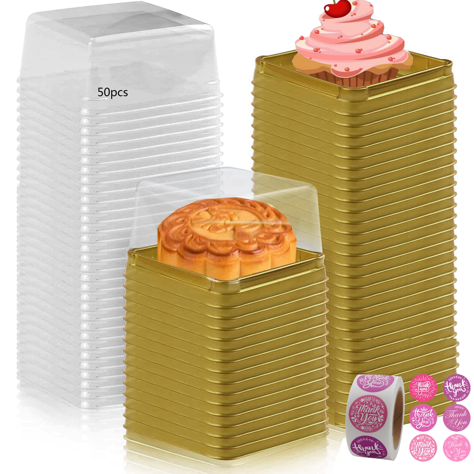 IS MUHE50 Pack，Plastic Square Containers with Lids Cupcake Boxes Muffin Pod Dome Muffin Single Container Box ，Cupcake Boxes, Mini Mooncake Box Wedding Birthday Gifts Supplies (Golden)