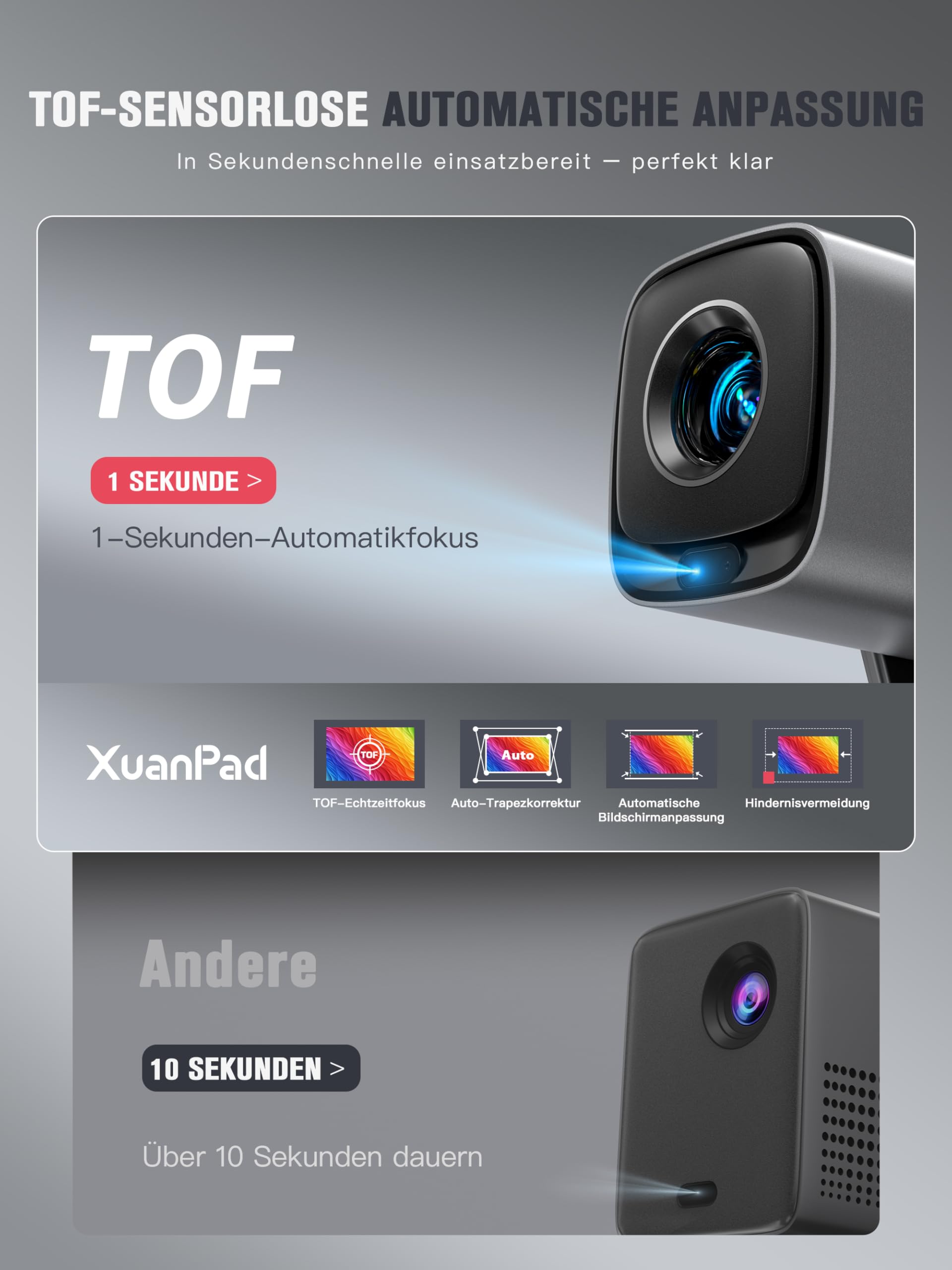 Smart Mini Beamer 4K Kompatibel mit Netflix & Dolby Audio, XuanPad 30000 Lumen Beamer mit TOF Autofokus & Trapezkorrektur, WiFi6 & Bluetooth, 210° Heimkino/Outdoor Silver Projektor für Handy/PC