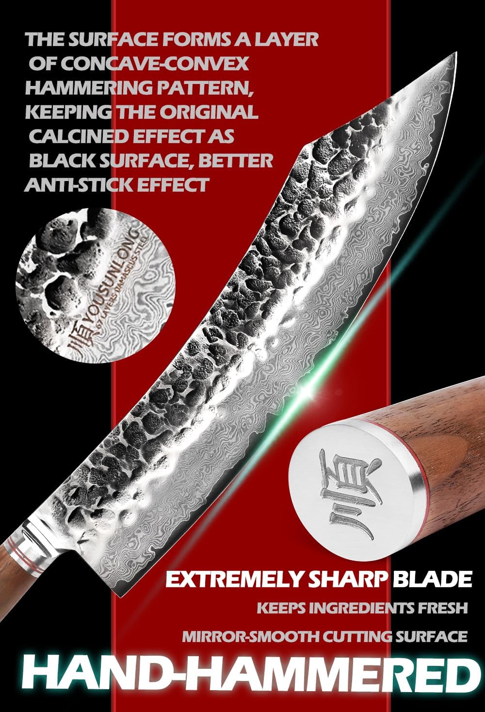 YOUSUNLONG Butcher Knife 12 inch Max Breaking Cimitar Knife - Japanese Hammer Damascus Steel - Natural Walnut Handle with Leather Sheath