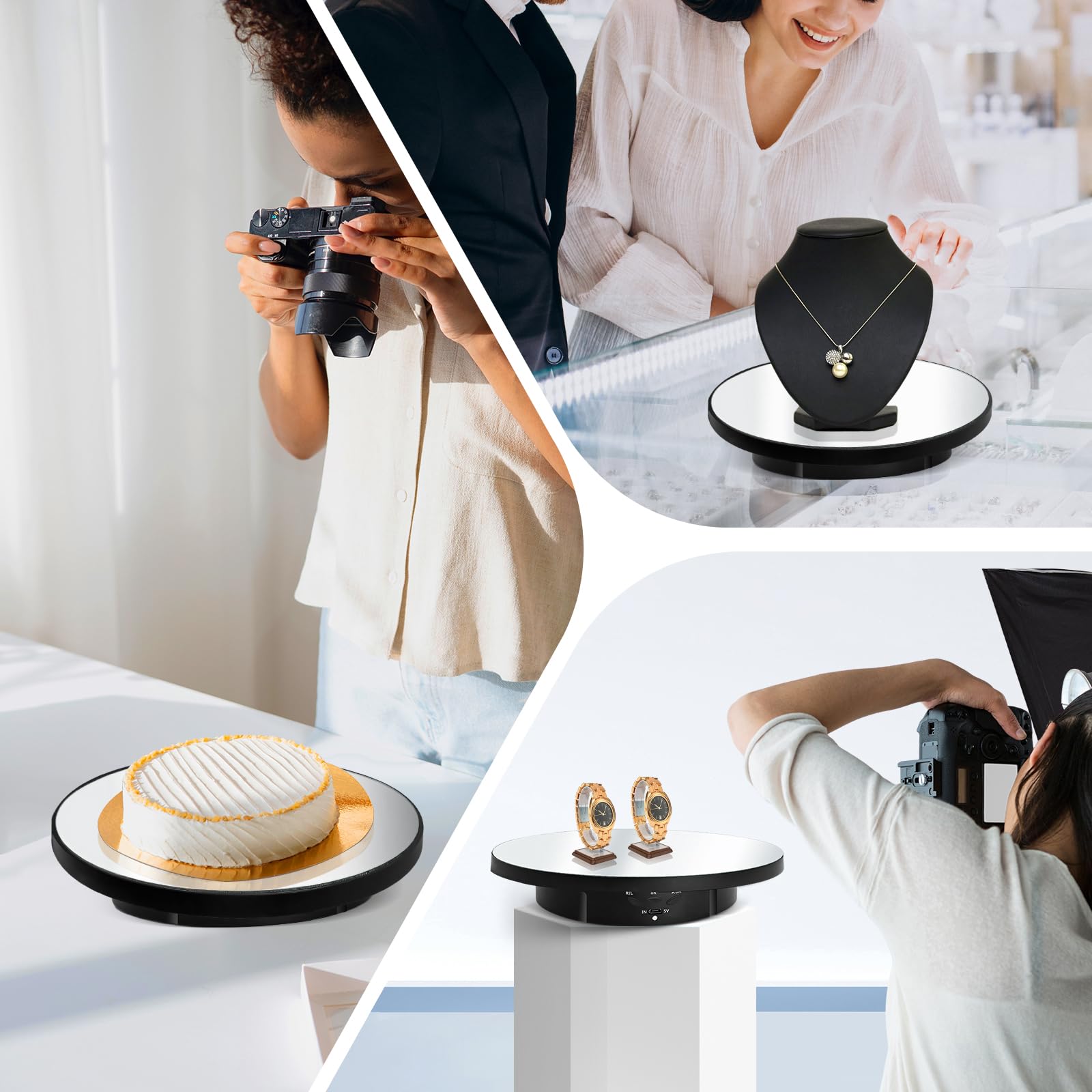 Sharplace Elektrischer drehbarer Drehteller für Fotografie, 360 Grad Drehbar Display Ständer, Motorisierter Drehteller mit Fernbedienung für Produktanzeige, Schmuck, Uhren, 3D Modelle, Schwarz-Spiegel