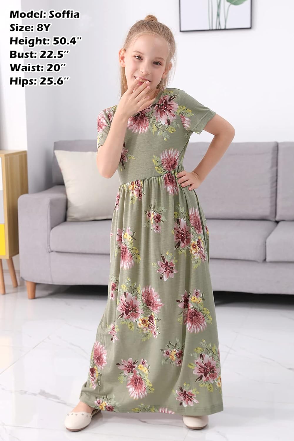 GORLYA Girl's Short Sleeve Floral Print Loose Casual Long Maxi Dress with Pockets 4-12 Years - Image 4