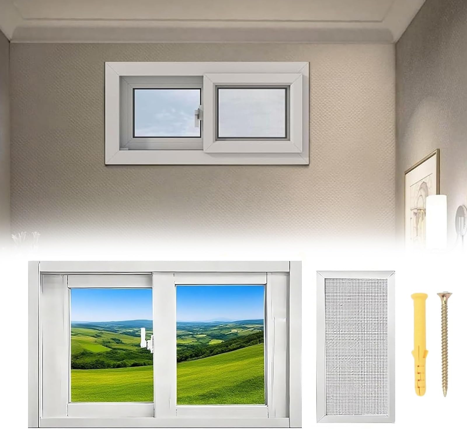 Basement Window Replacement Small Sliding Window with Screen, Mobile Home Slider Windows Replacement Shed Windows for Houses Chicken Coop Bathroom Rv Garage(White,26x23")