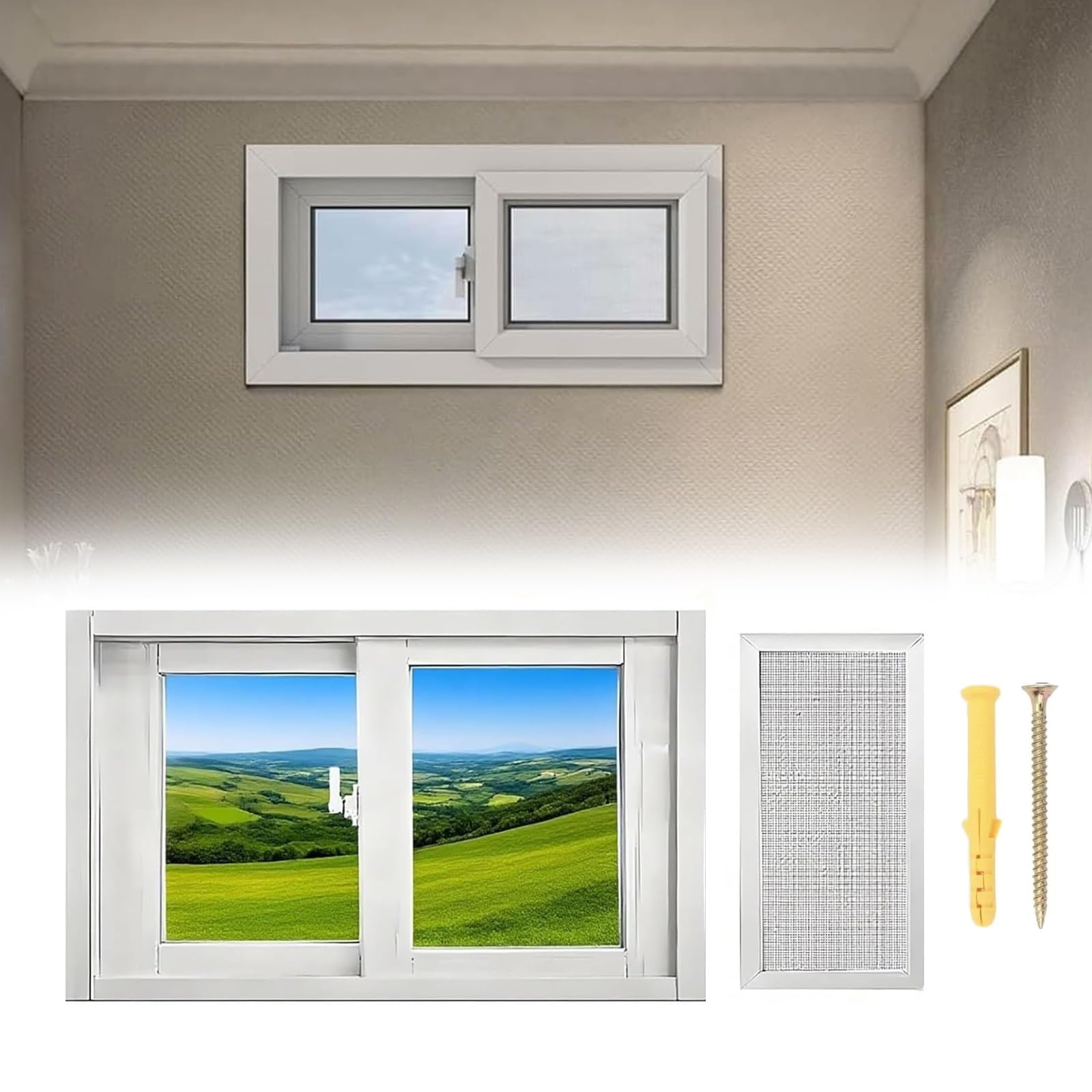 Basement Window Replacement Small Sliding Window with Screen, Mobile Home Slider Windows Replacement Shed Windows for Houses Chicken Coop Bathroom Rv Garage(White,28x23")