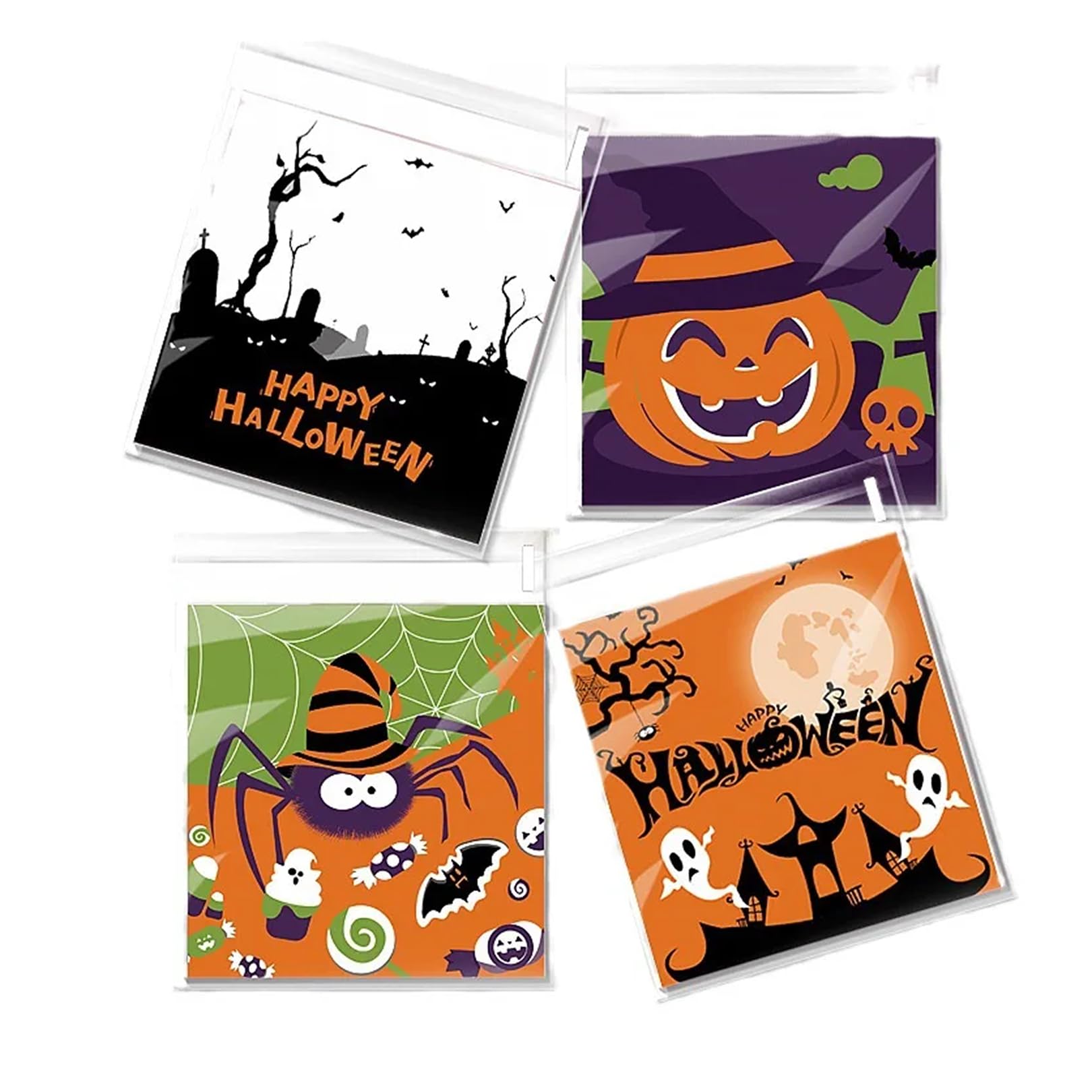 100Pcs Halloween Cellophane Bags Self Adhesive,Halloween Sweet Bags Small Trick or TreatBags for Cookies Biscuit Candy Goodie Gifts Jewelry HalloweenParty Favor Bags,10 * 10cm