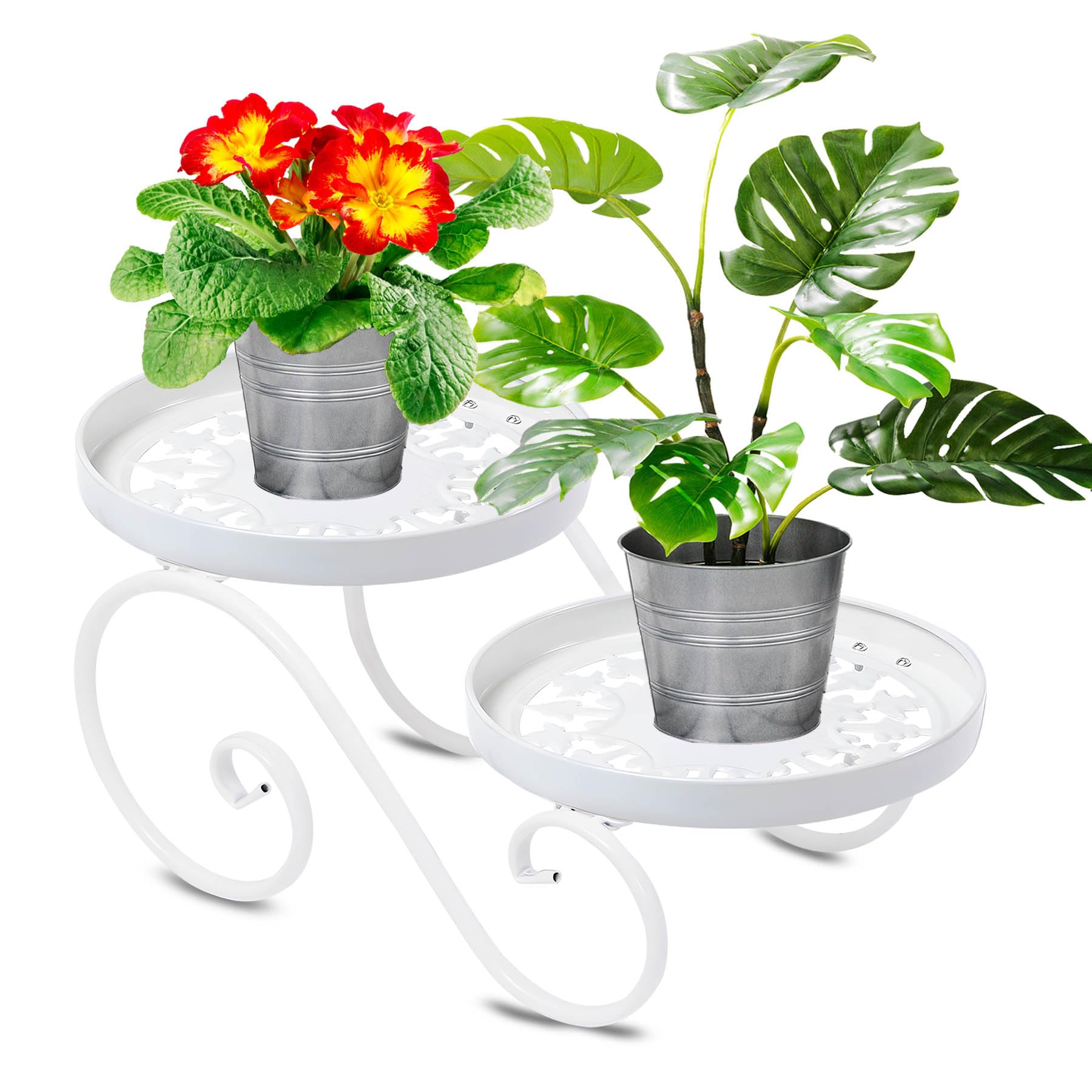 Santentre 2-Stufen Blumenständer Weiss, Rostschutzeisen Pflanzenständer, Pflanzenregal für Mehrere Pflanzen, Rund Blumenbank für Innen Draußen, Blumenhocker Metall Weiß Pflanzenhocker für Garten Home Garten