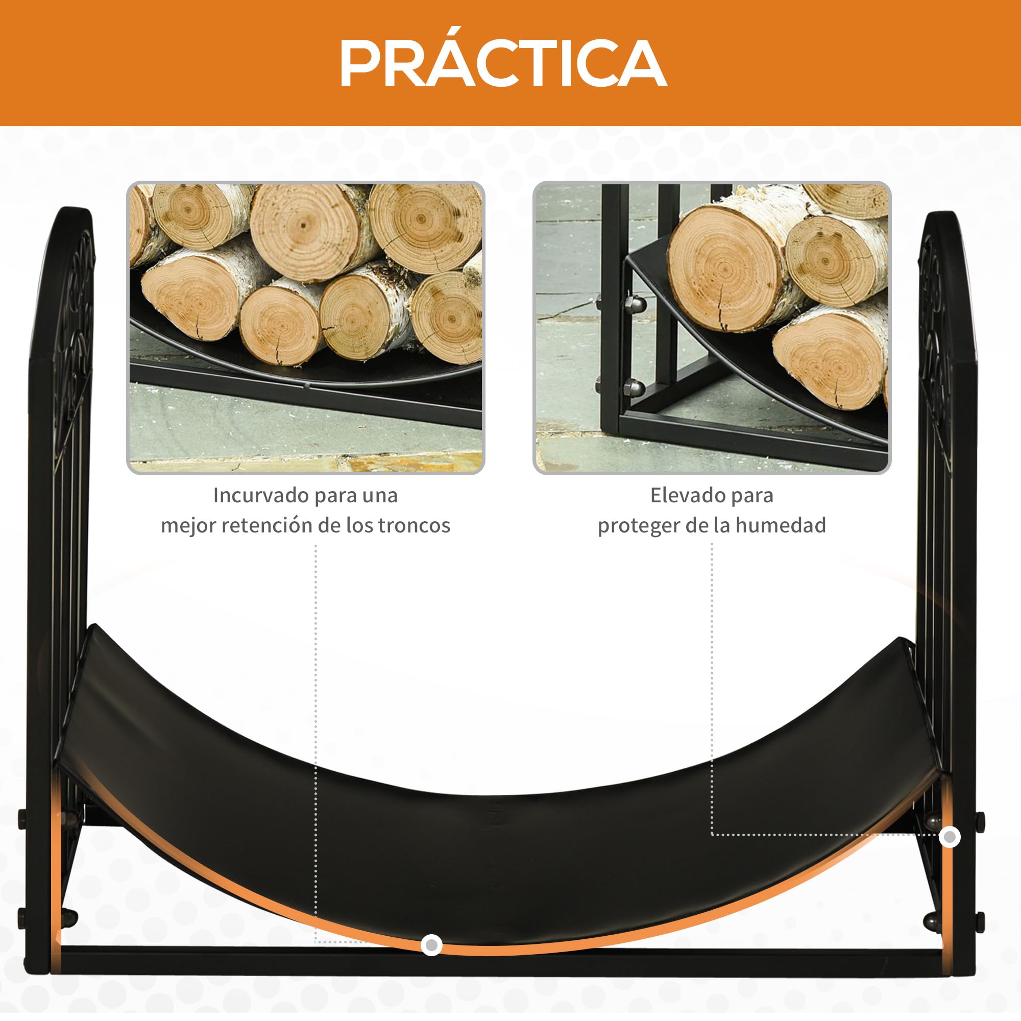 Outsunny Soporte para Leña Estante de Leña Leñero de Metal con Estante Curvo para Interior y Exterior 60,5x36x46,5 cm Negro
