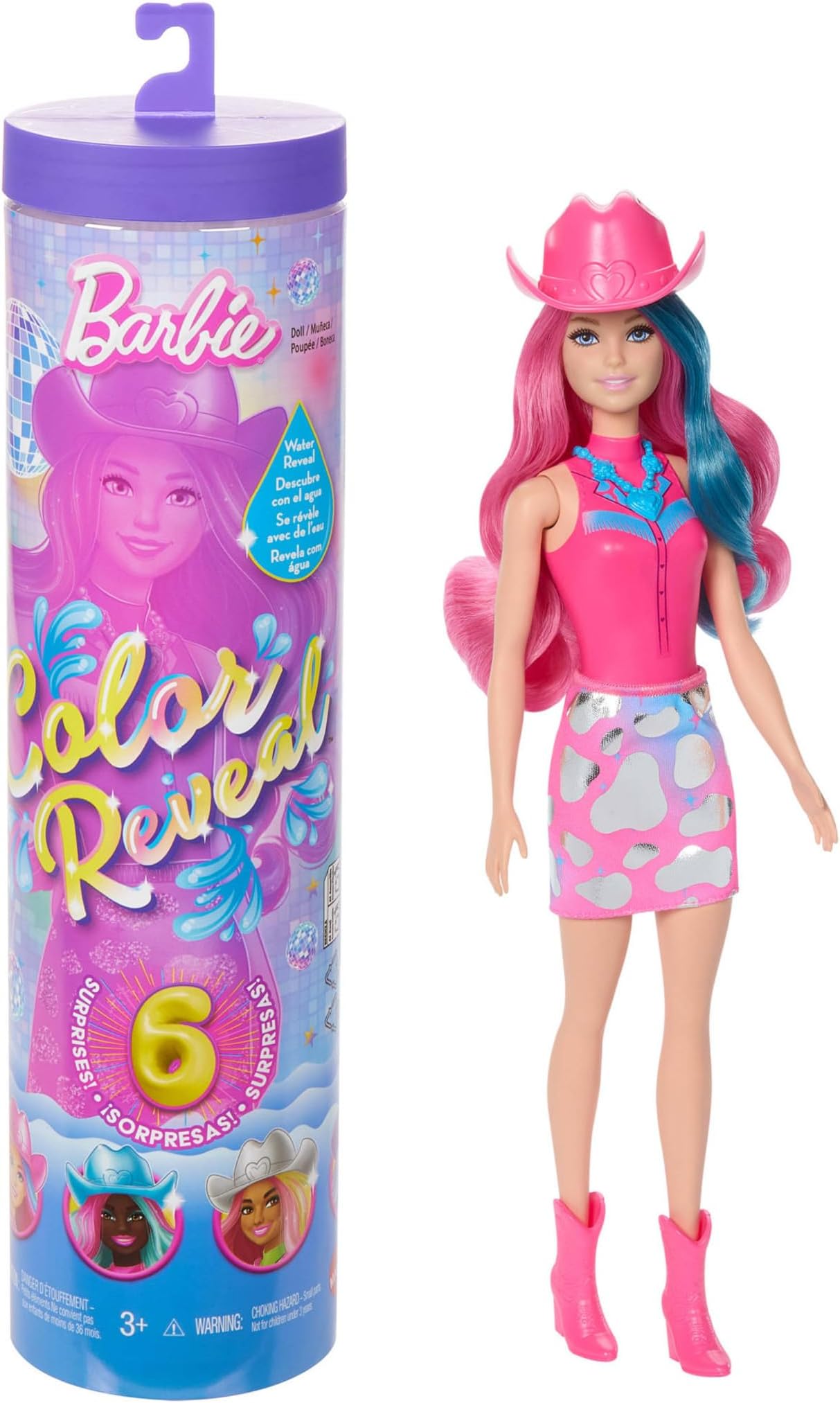 Barbie Color Reveal Fashion Doll & Accessories with 6 Surprises, Disco Star Series with Metallic Shine & Color-Change Bodice (Styles May Vary), JCP01