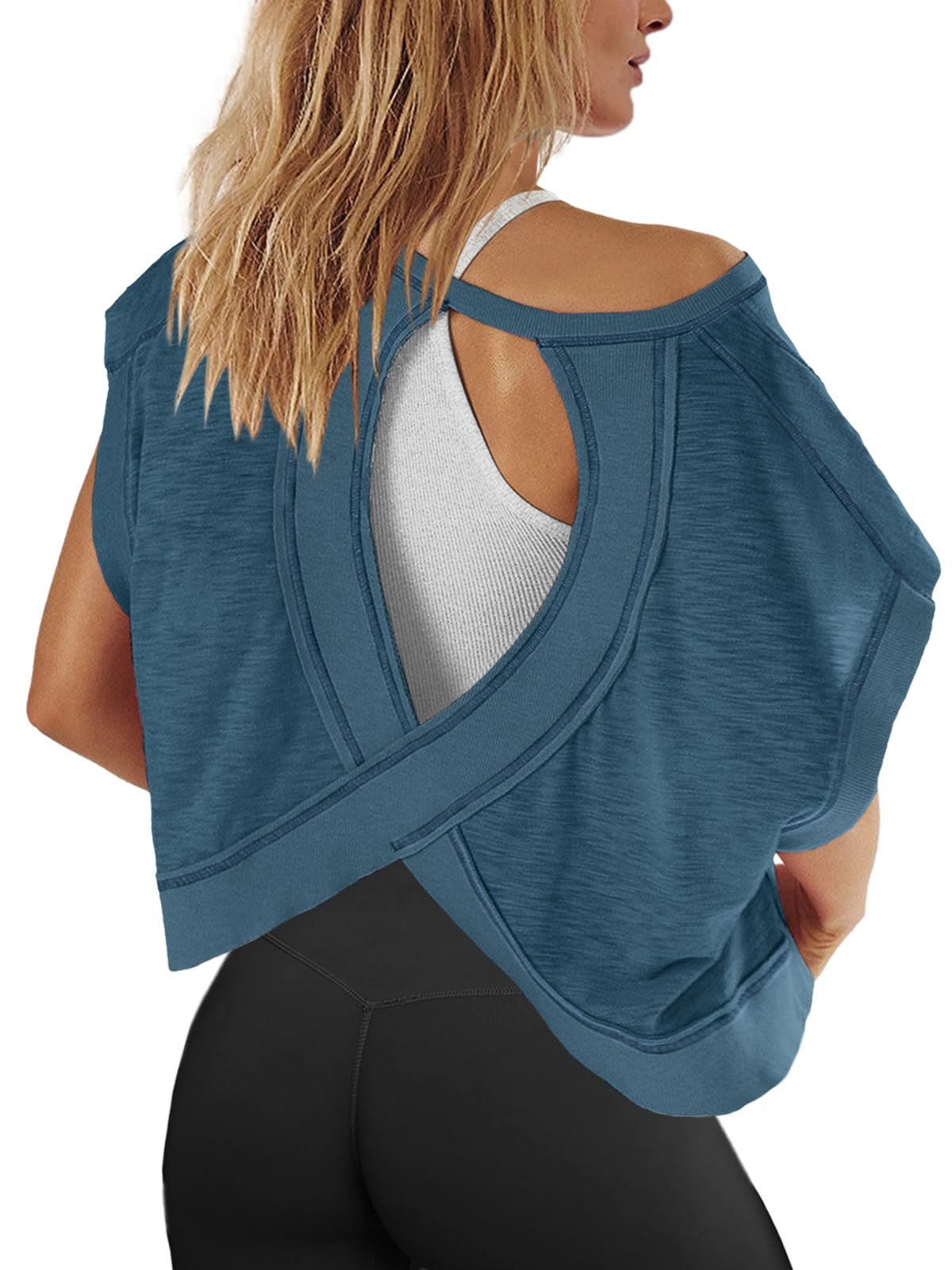 Panadila Womens Open Back Workout Top Oversized Workout T Shirts Backless Athletic Shirt Short Sleeve Baby Tee