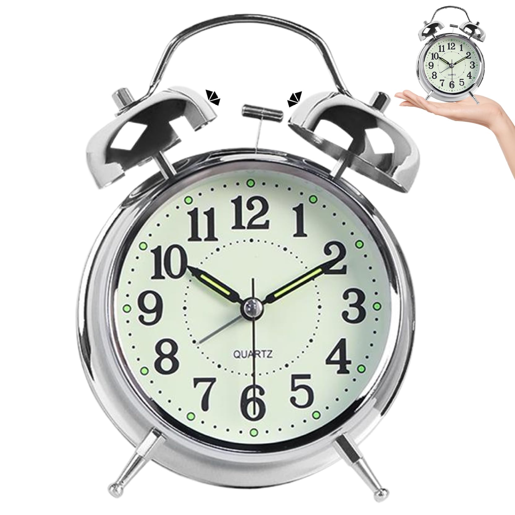 Veesper Silver Retro Alarm Clock, 4" Non Ticking Twin Bell Alarm Clock, Luminous Analogue With Nightlight, Battery Operated Loud For Heavy Sleepers Bedroom.