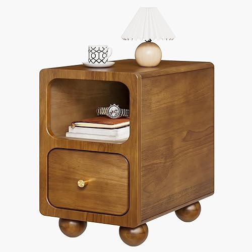 Miniatura 14 de Mesita de noche de madera maciza, mesita de noche estrecha con cajones, mesita de noche moderna blanca de mediados de siglo, mesa auxiliar pequeña