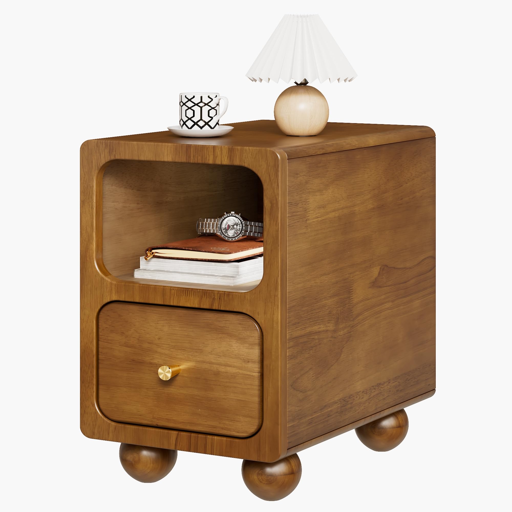 Solid Wood Nightstand, Narrow Night Stand with Drawers, Walnut Mid Century Modern Nightstand, Small Beside Table with Open Storage Shelf for Bedroom (12 inch)