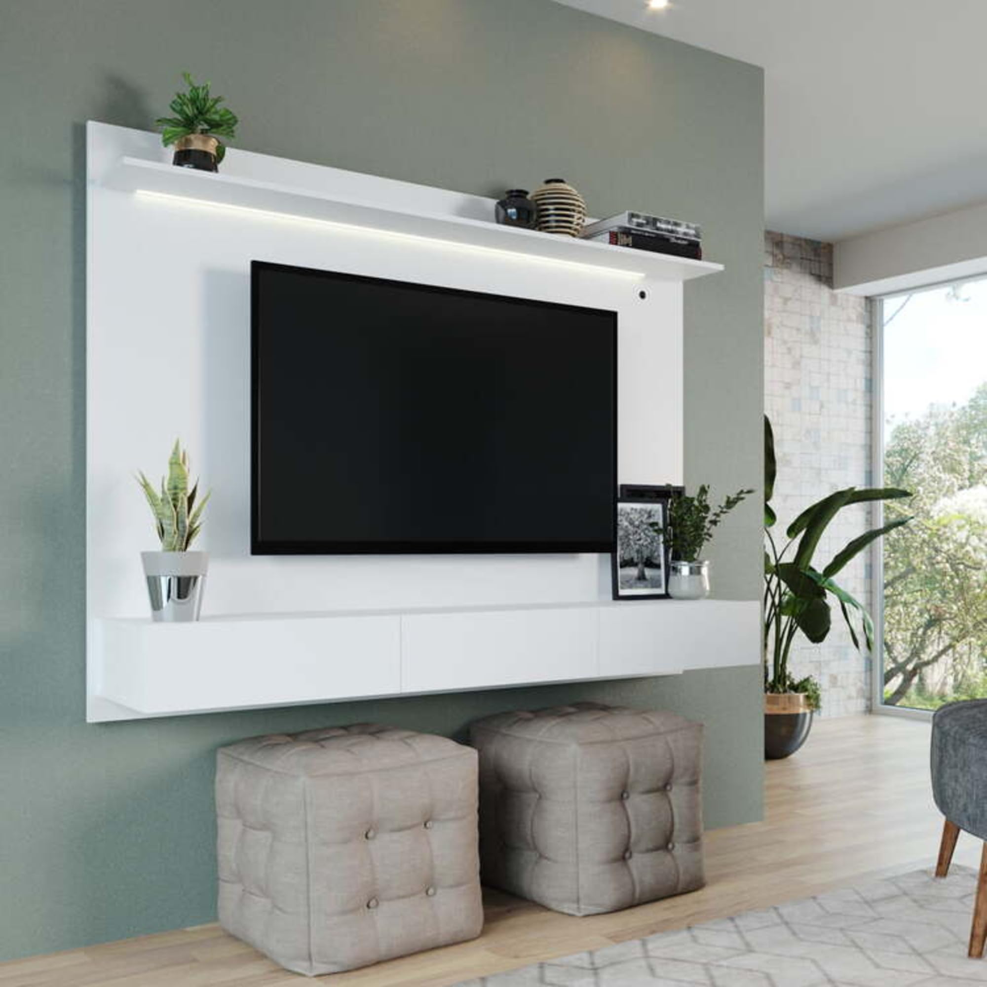 Naomi Home Bliss Floating TV Stand with LED Lights, White - Modern Wall-Mounted Design, Fits 70" TVs, Storage Drawers