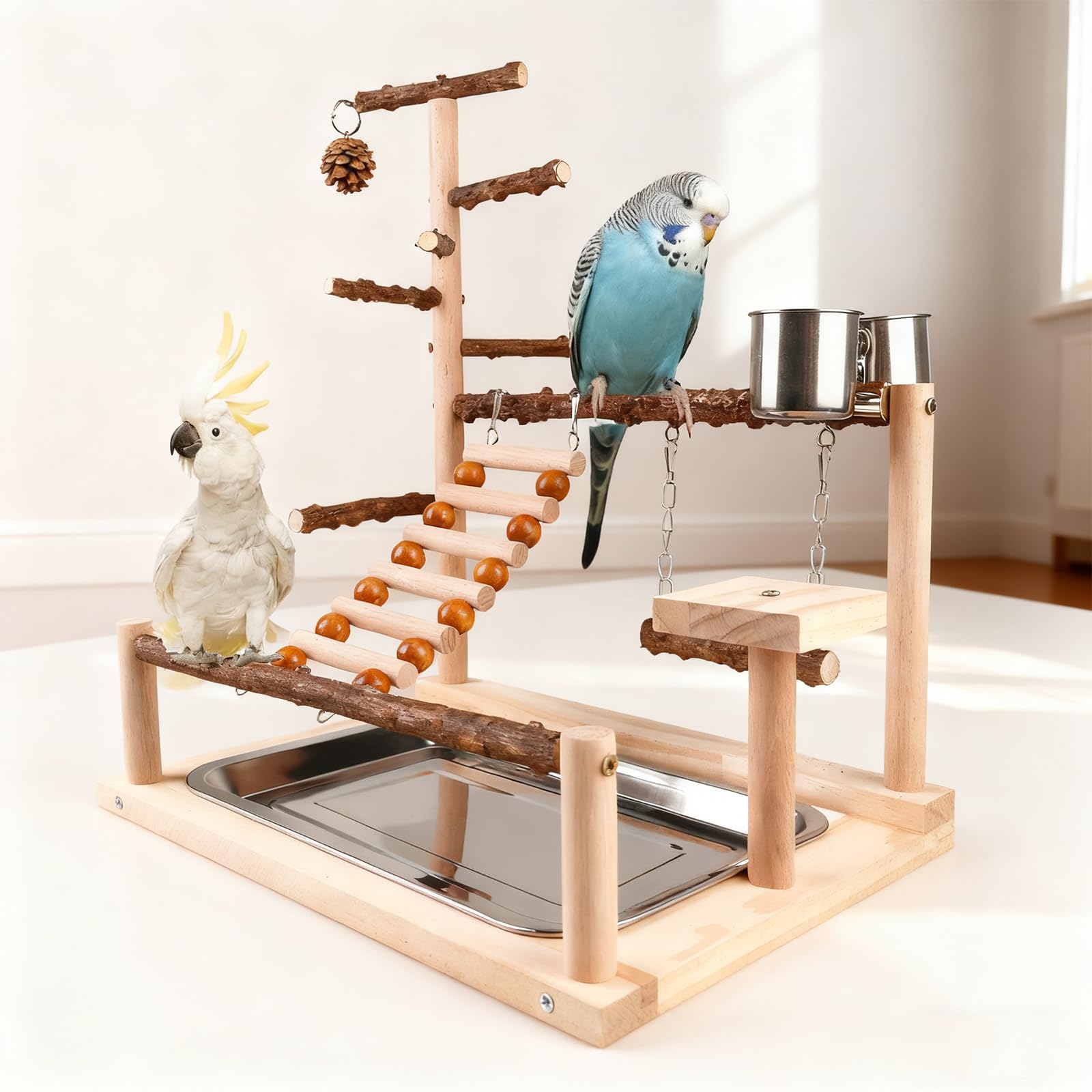 Parco giochi per uccelli, parco giochi per pappagalli con tazza e vassoio, giocattolo per pappagalli, parco giochi per uccelli, pappagalli in legno (45 x 37 x 26 cm)