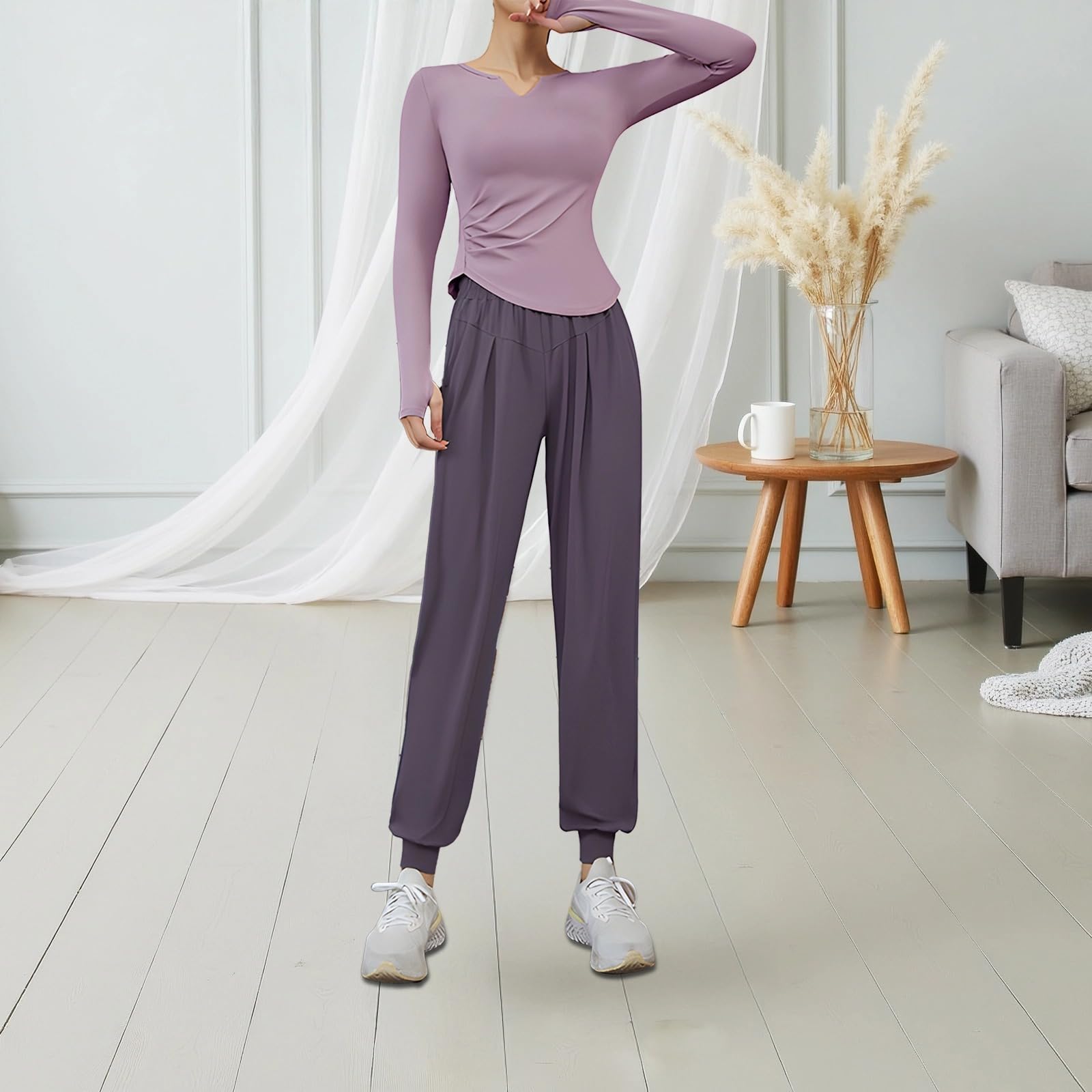 Set da allenamento da donna, 3 pezzi, per yoga, corsa e fitness, maglia a maniche lunghe, pantaloni da jogging e canotta senza maniche, traspirante, ad alta elasticità, viola