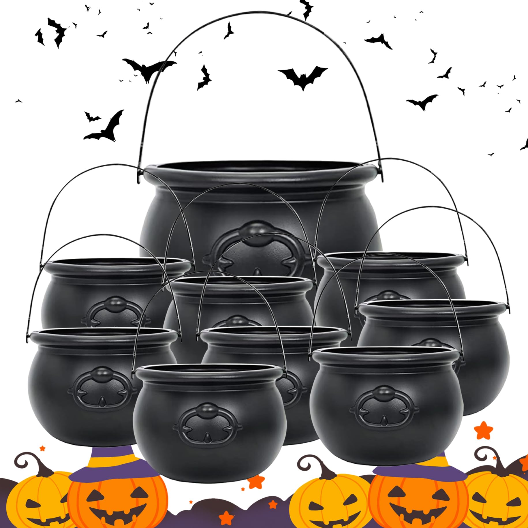Vervevum Cauldron with Handle 9Pcs Plastic Decorative Heavy Duty Halloween Candy Bowl Cauldron Pot for Party Bar Club Haunted House, Pot
