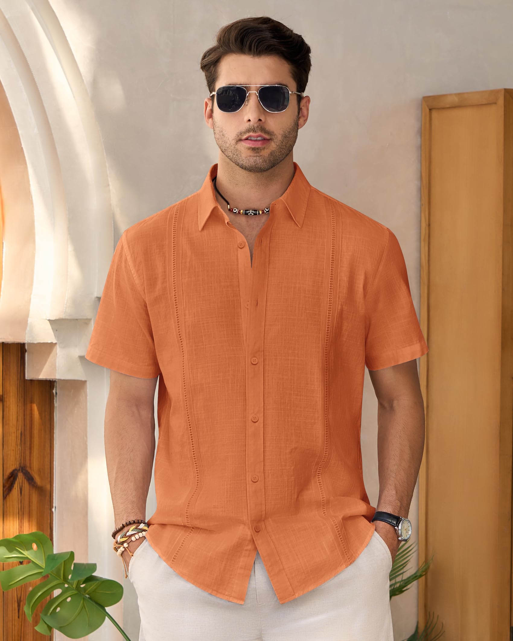 Camisas de lino para hombre, manga corta, con botones, estilo casual, cubano, guayabera ligera, para verano, playa, color liso