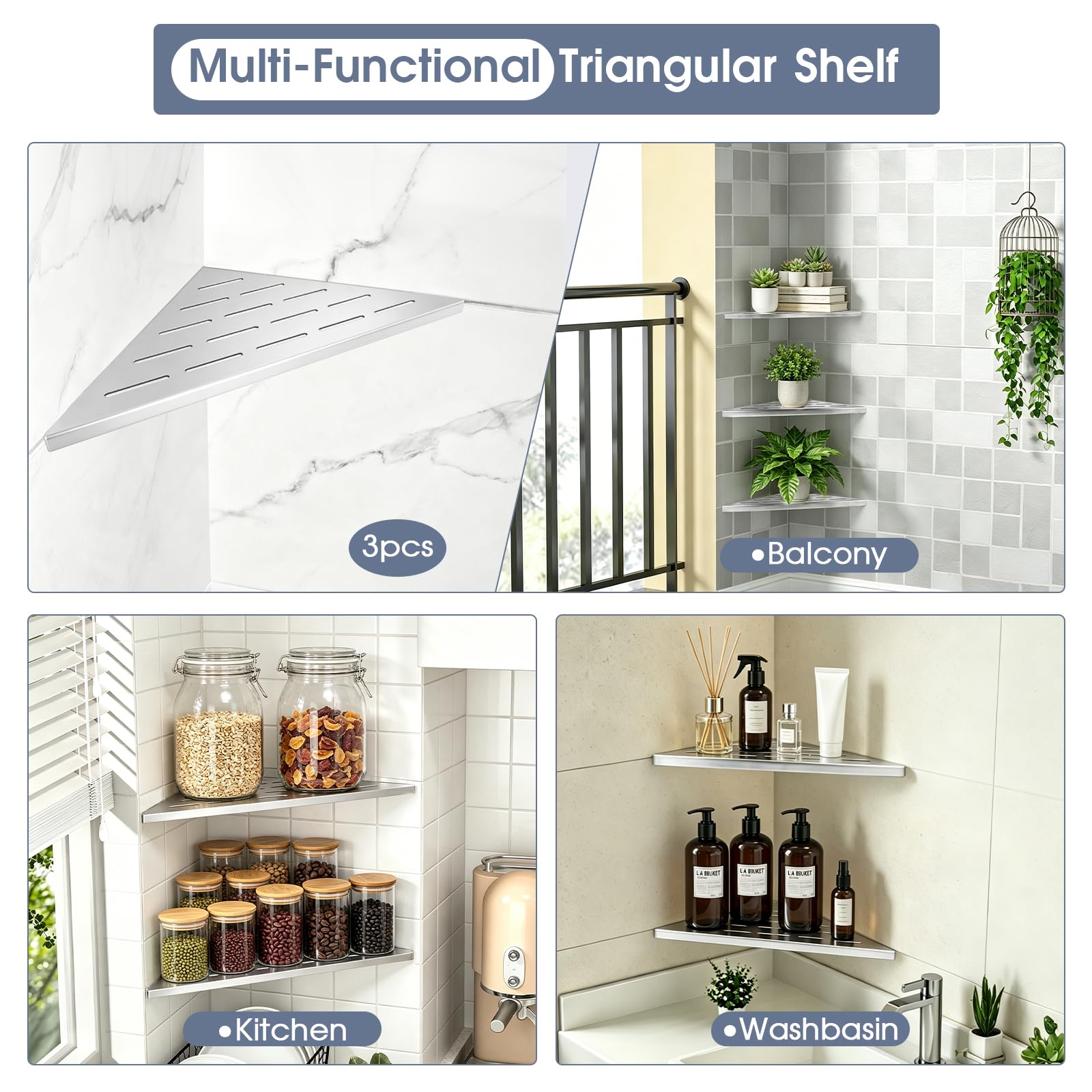 Juego de 2 Estantes esquinero para ducha de acero inox 304 estante de rincón pared 1,5mm gr. Repisa para baño con ranuras de drenaje, Empotrado azulejos para baño y cocina (Cepillado, 254mm)