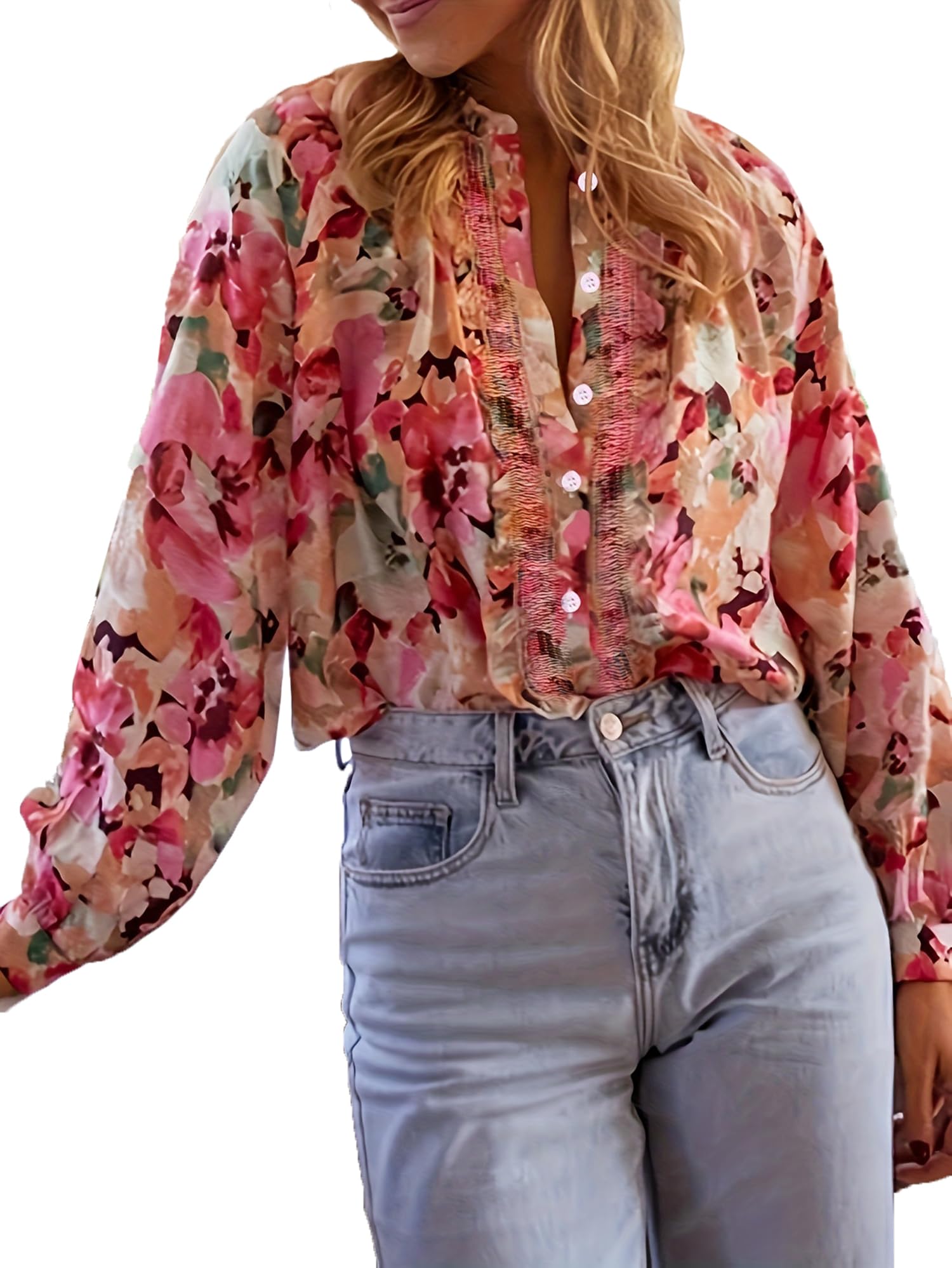 Chemises À Manches Longues pour Femmes Été Coupe Ample Imprimé Floral Col Rond Chemisier À Boutons