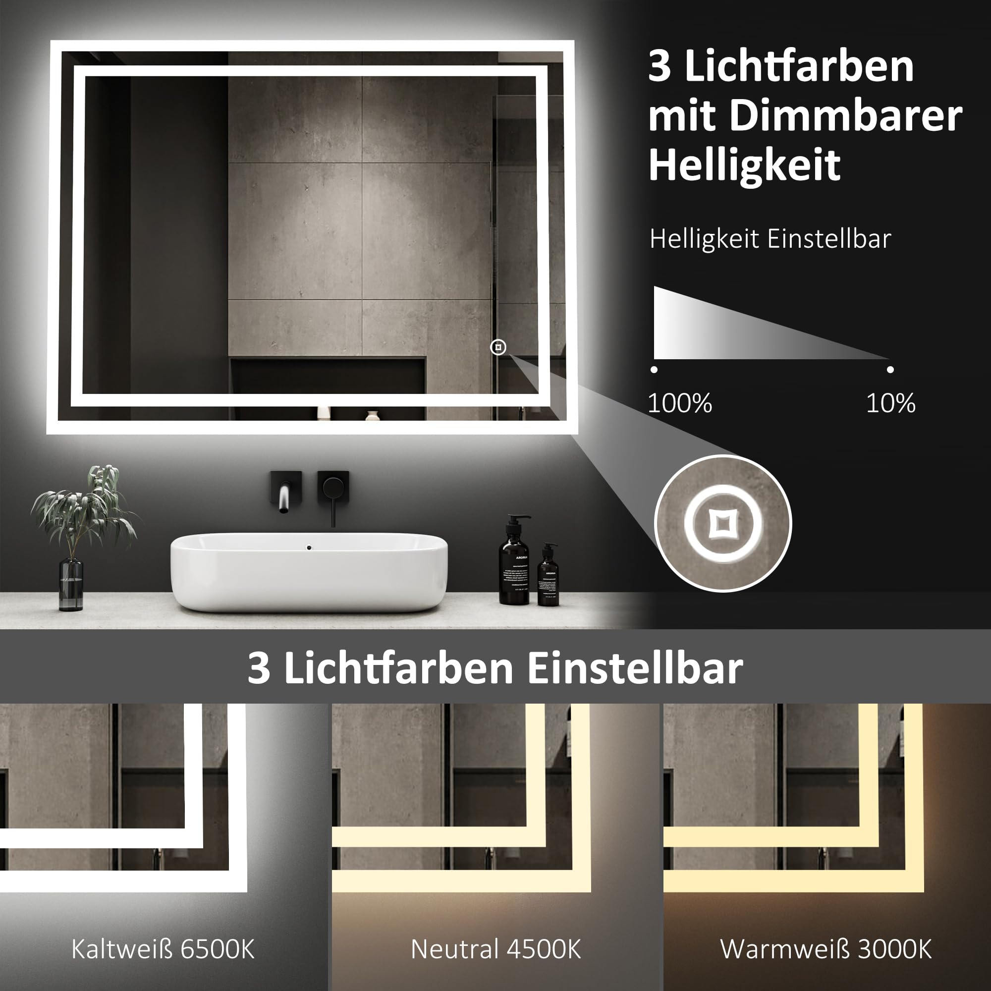 Borama LED Badspiegel 80x60cm mit Touchschalter, 3 Lichtfarben dimmbar, beleuchteter Wandspiegel