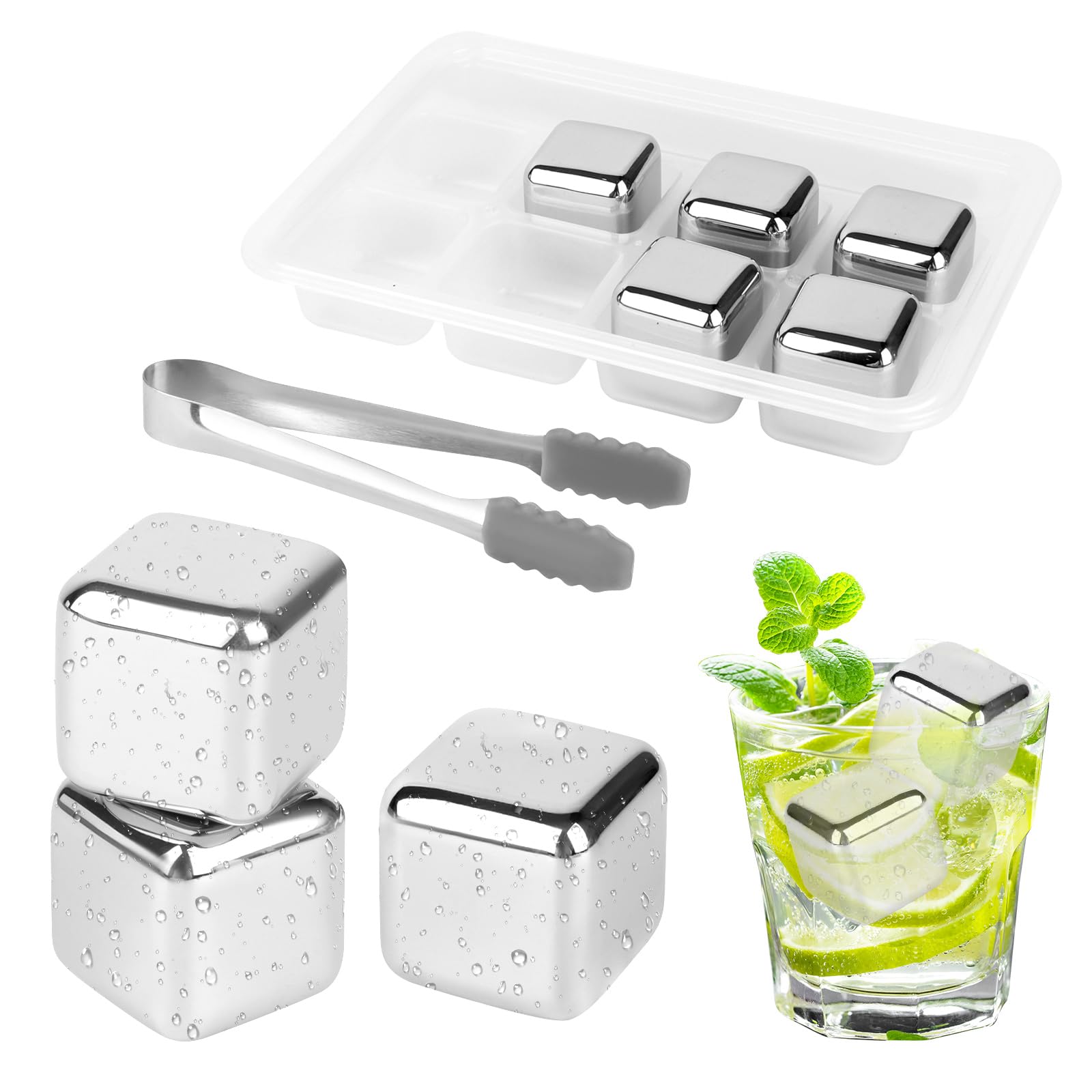Glacon pierre whisky en acier inoxydable,Lot de 8 pierres à whisky + Clip, Qualité alimentaire Glaçons en acier inoxydable réutilisables, Pour whisky, vin, jus de boisson ou limonade