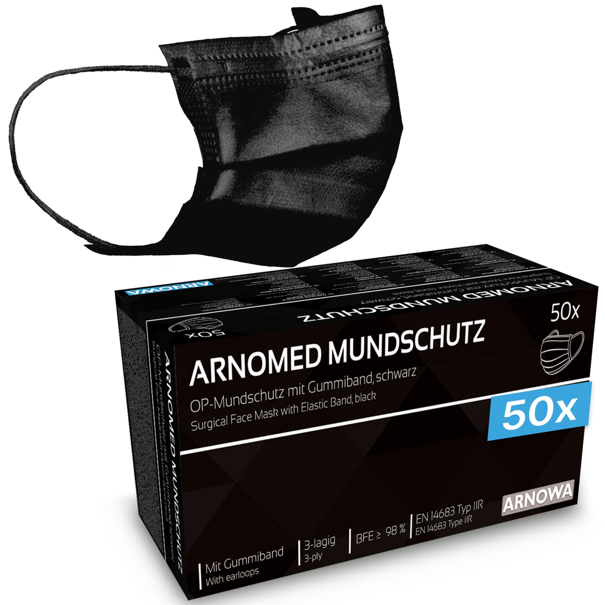 ARNOMED 50x Medizinische Mundschutzmaske Schwarz, CE Zertifizierte Op Maske, Medical Face Mask, Schutzmaske Mund & Nase, Einwegmasken, Chirugischer Mundschutz, Klinische Gesichtsmasken