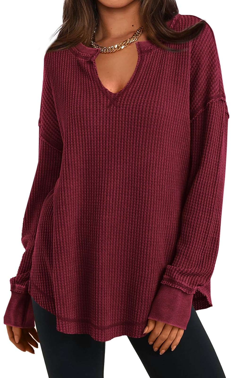 PRETTYGARDEN Womens Fall Fashion 2025 Waffle Knit Long Sleeve Tunic Tops for Women Loose Fit Dressy Casual V