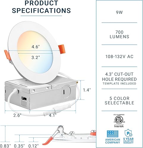 Miniatura 2 de Parmida LED Technologies Paquete de 16 luces de techo empotrables LED ultrafinas de 4 pulgadas regulables 5CCT con caja de conexiones, 5 colores