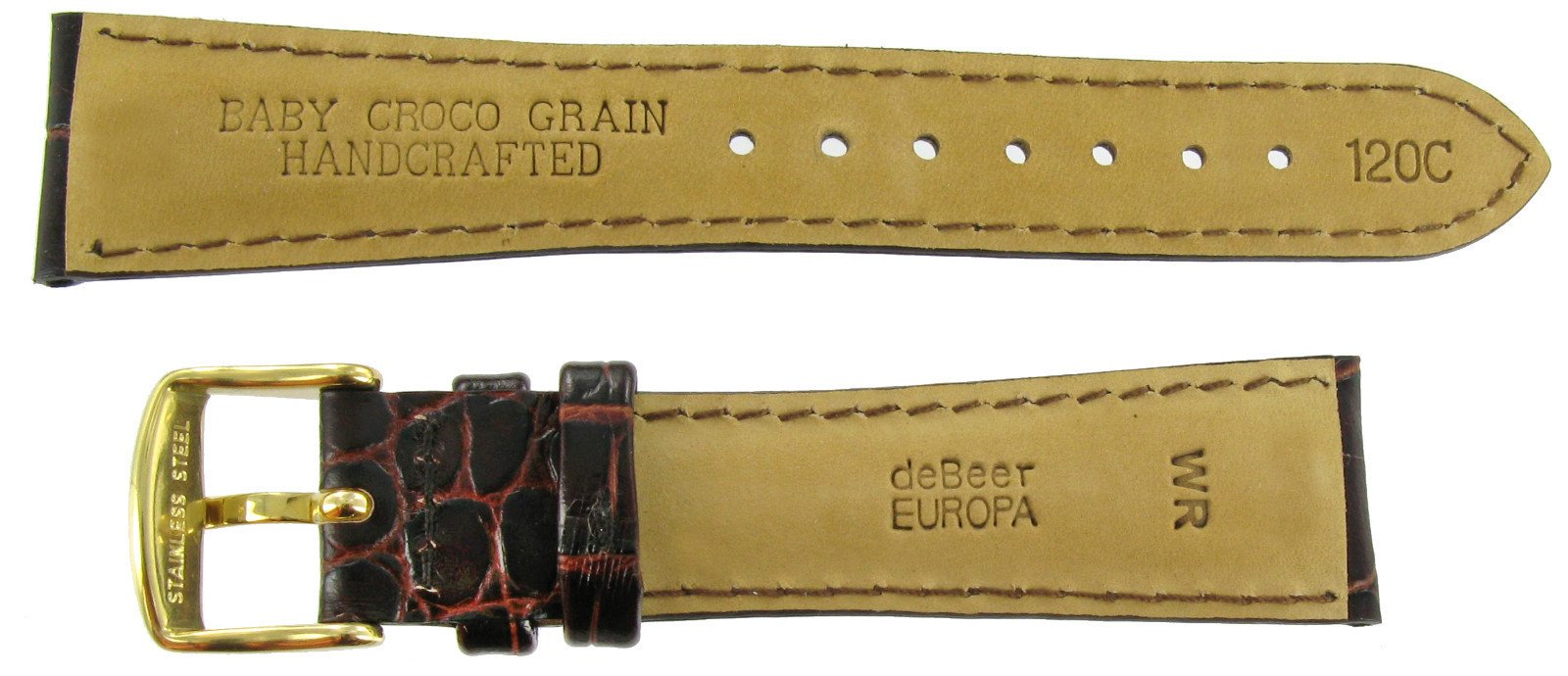22mm deBeer Baby Crocodile Grain Havana Padded Stitched Watch Band Strap