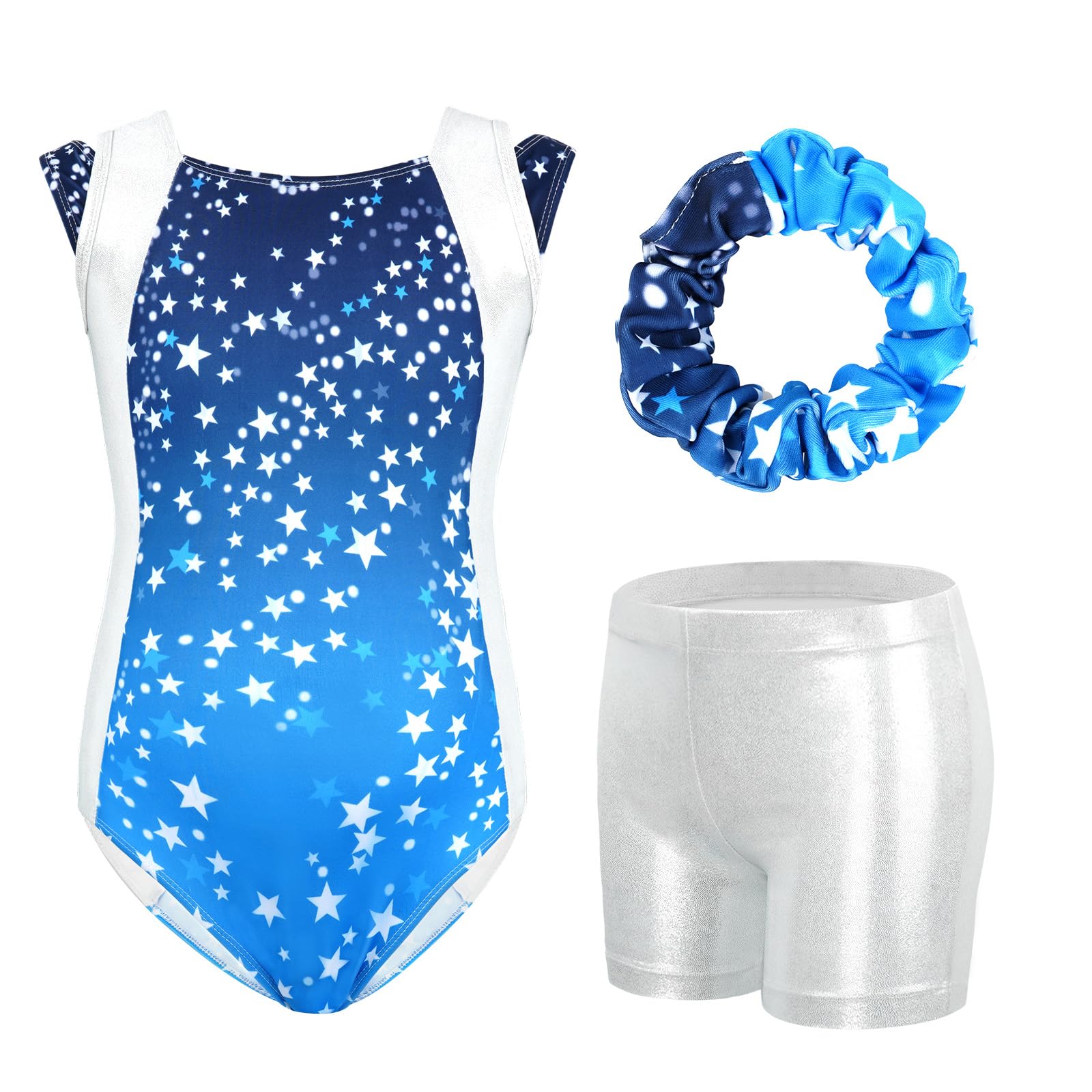 Gogokids - Set da ginnastica in 3 pezzi, con scollo a Y, senza maniche, con pantaloncini e fascia, con motivo a blocchi di colore blu e viola, 3-12 anni