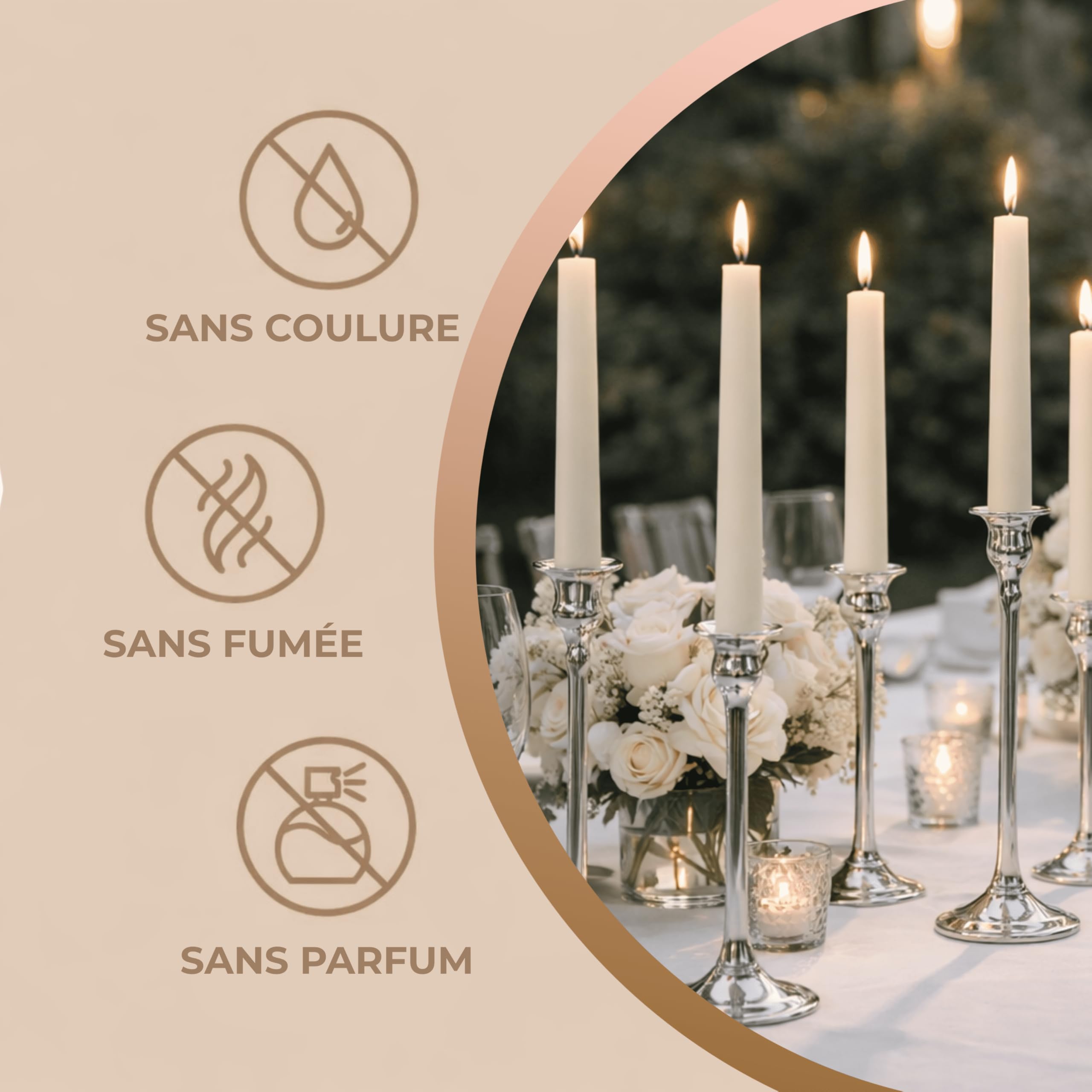 Horeca Candles Bougies coniques ivoire - 25,4 cm (H) - Lot de 100 bougies non parfumées - Durée de combustion de 7,5 heures - Sans fumée - Sans goutte