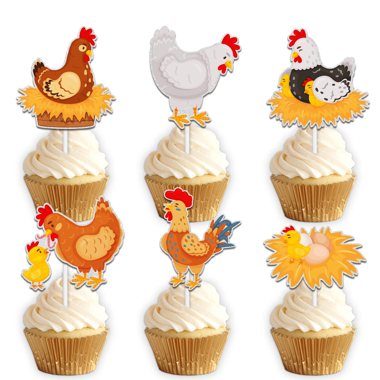 Hen Dessert Cupcake Topper Cheer to Farm Little Chicken Hen Theme Decor Supplies Boys Girls Happy Birthday Party Decorations set 18pcs Glitter