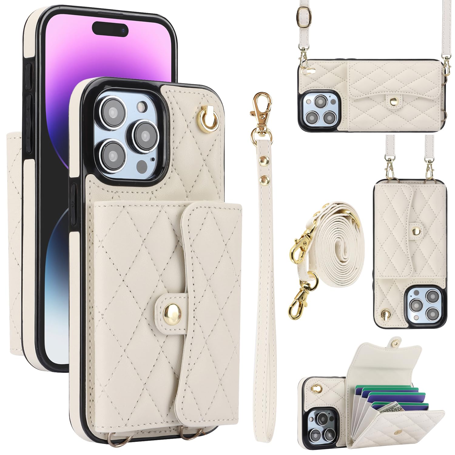 JYYVE for iPhone 15 Pro Max Case 6.7 Inch, Crossbody Purse Wristlet Shoulder Strap Trendy Protective Cover for iPhone 15 Pro Max -White