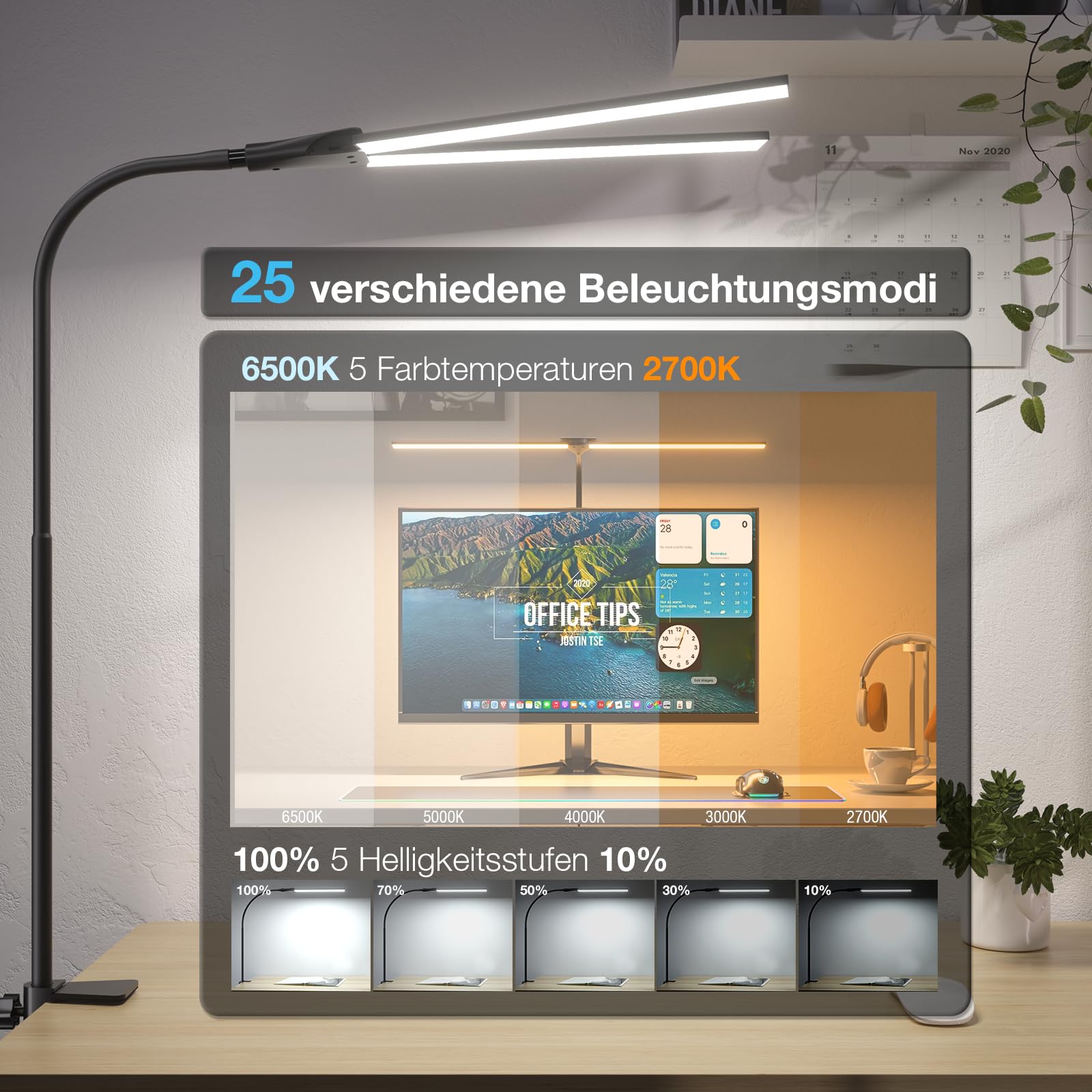 Hensam Schreibtischlampe LED Dimmbar, 1400LM Doppelkopf Schreibtischlampen Klemmbar, Bürolampe mit Schwanenhals für Zuhause und Studio, CRI>83, 5 Farbtemperatur-Helligkeitsstufen, Schwarz