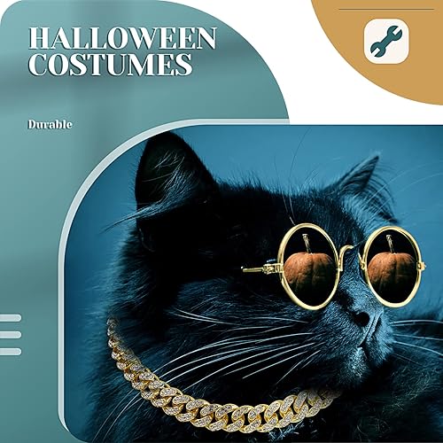 Miniatura 7 de Xuniea Juego de 2 piezas de collar de cadena y lentes de sol para gato, perro, collar de diamantes de imitación con hebilla segura, lentes redondos