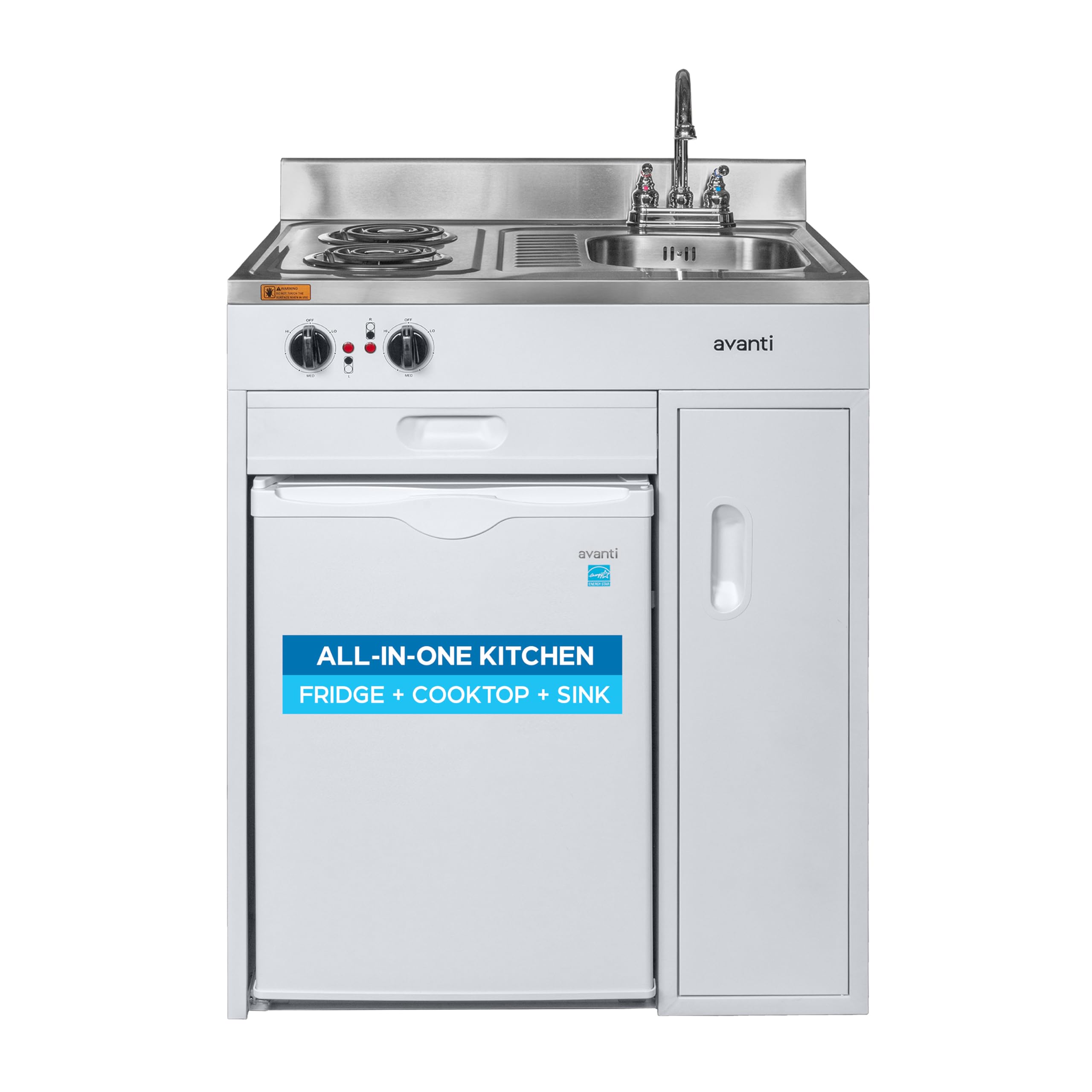Avanti CK3016 Energy Star Certified Full Compact Kitchen, Built in Kitchenette Stainless Steel Counter, Two Element Cooking Range, Refrigerator & Storage, 30-Inch, White