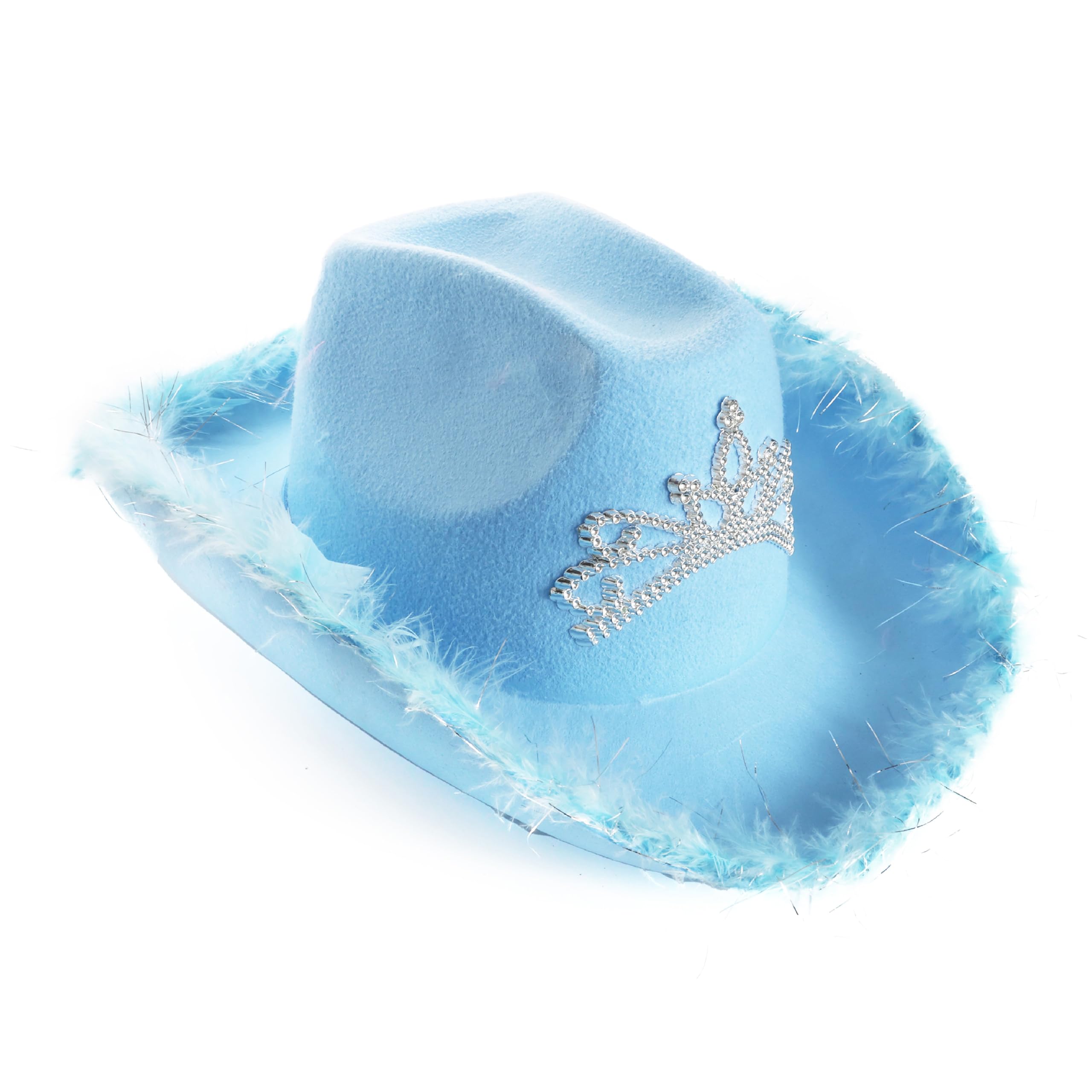 Blue Tiara Cowgirl Hats - Pack of 6 - Blue Cowgirl Hat with Marabou Trim and Tiara Decoration - Adults Festival Music Fancy Dress Accessory